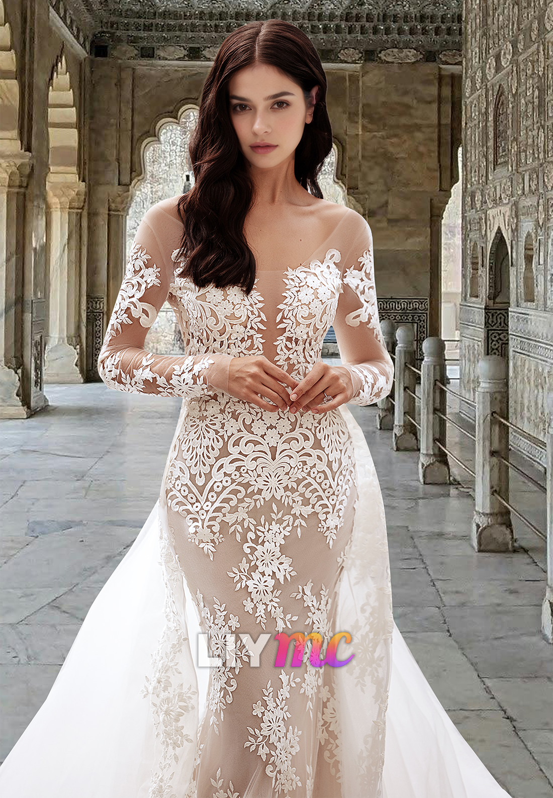 V-Neck Long Sleeves Lace Appliques Mermaid Wedding Dress