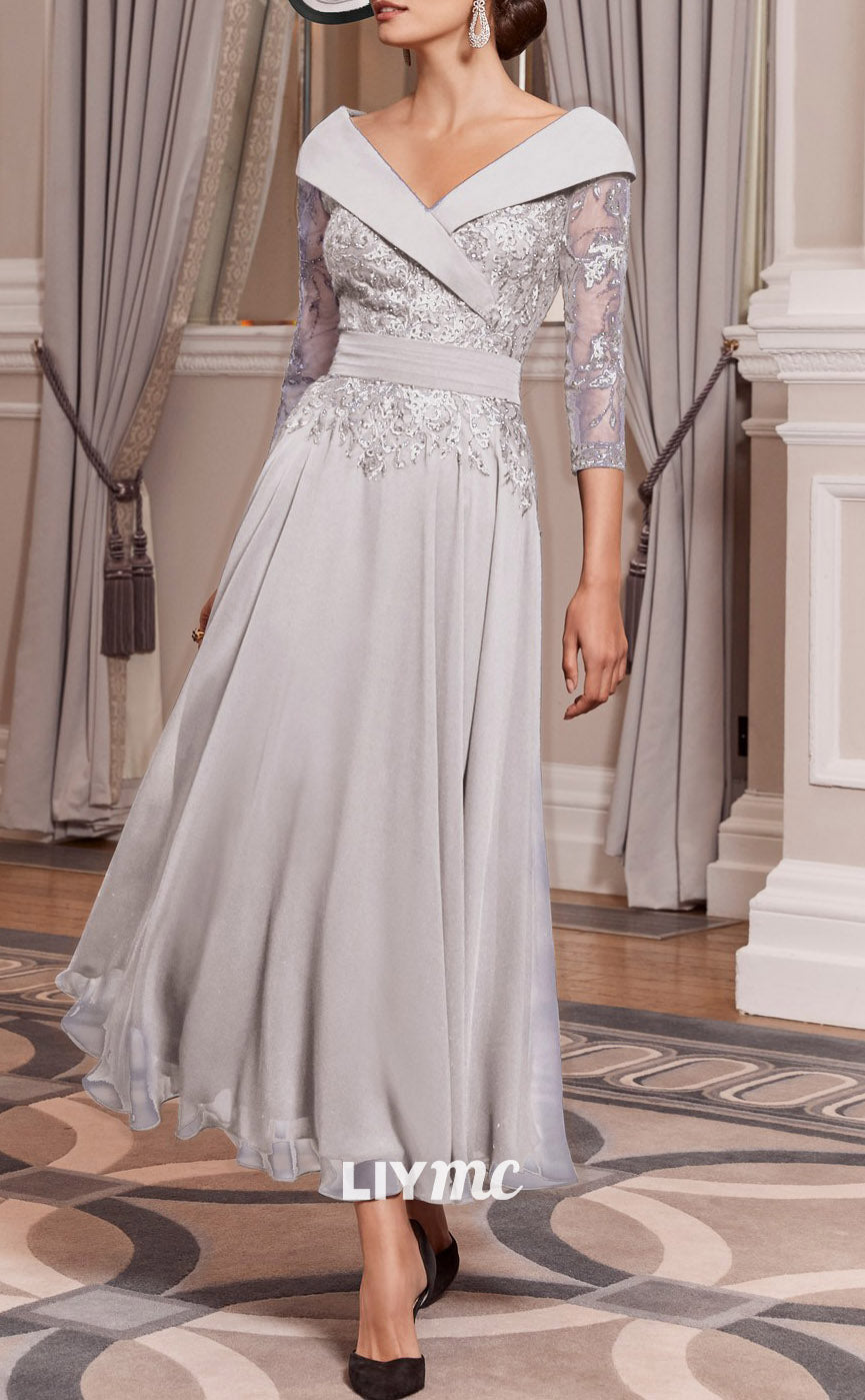 M1158 - V-Neck Long Sleeves Lace Appliques Pleated A-Line Mother of Bride Wedding Guest Dress