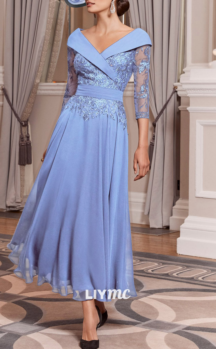 M1158 - V-Neck Long Sleeves Lace Appliques Pleated A-Line Mother of Bride Wedding Guest Dress