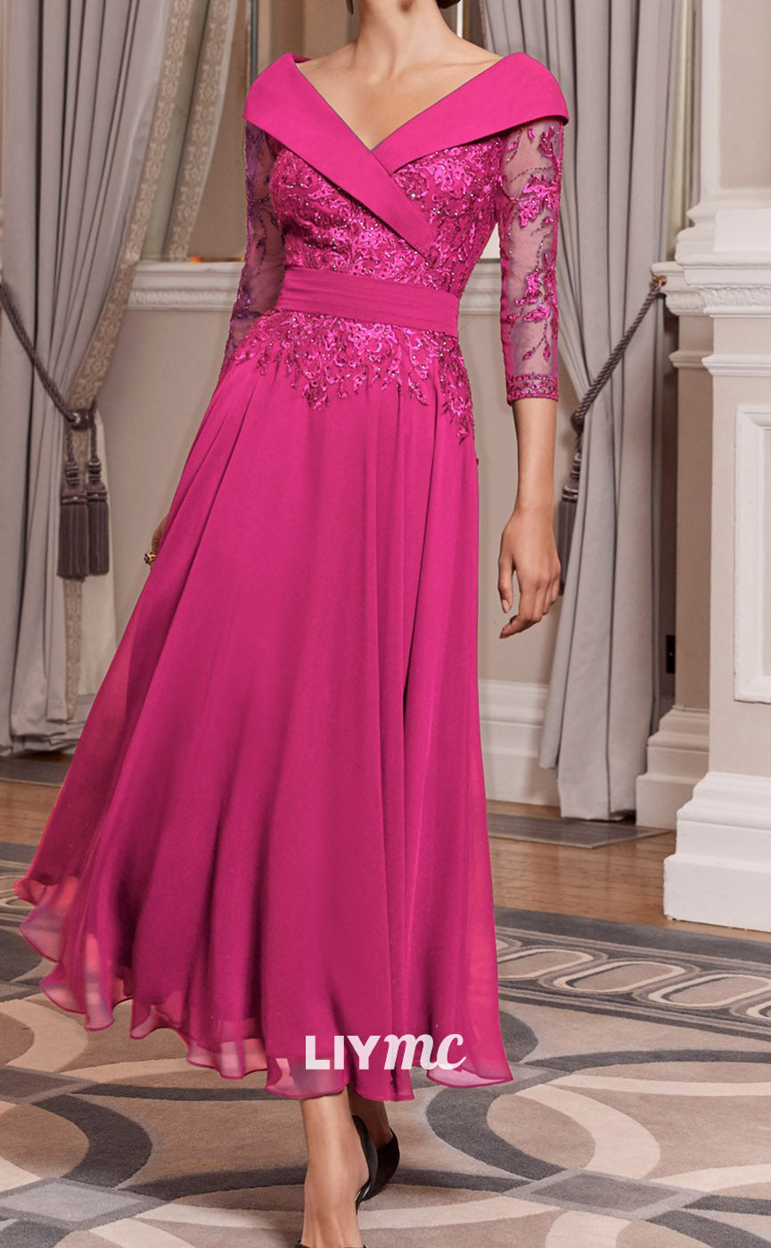 M1158 - V-Neck Long Sleeves Lace Appliques Pleated A-Line Mother of Bride Wedding Guest Dress