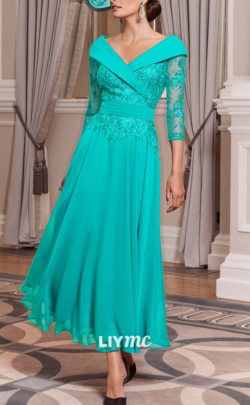 M1158 - V-Neck Long Sleeves Lace Appliques Pleated A-Line Mother of Bride Wedding Guest Dress