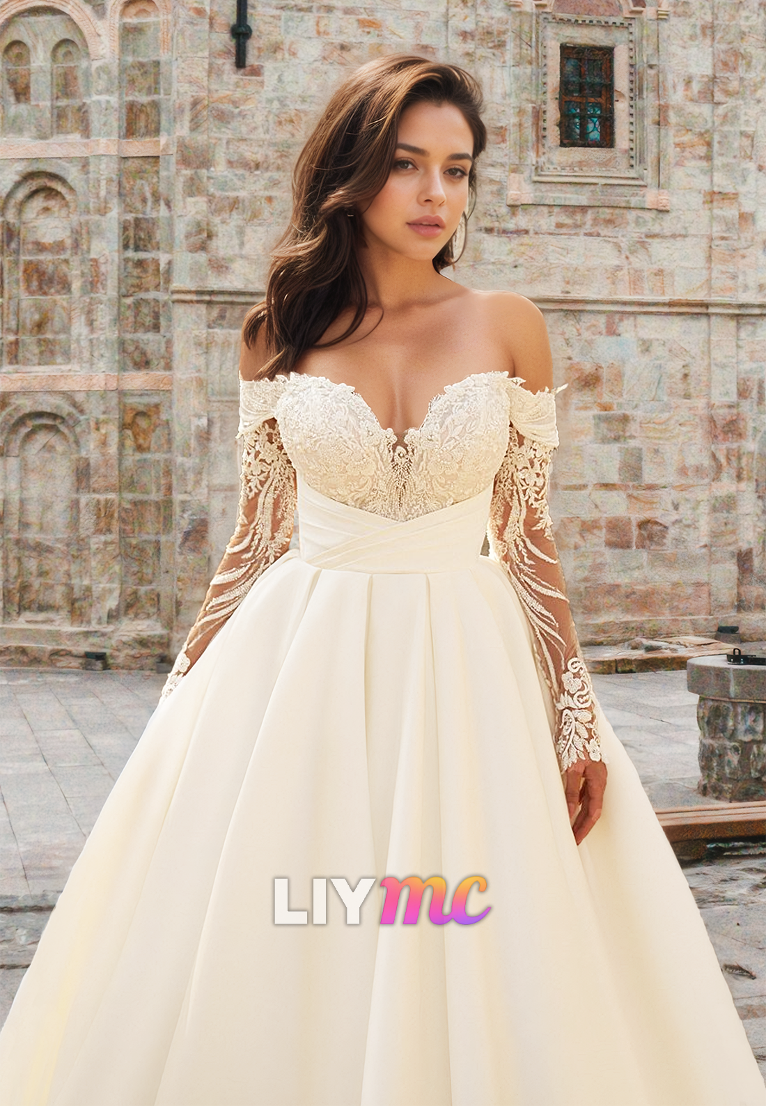 V-Neck Long Sleeves Lace Appliques Pleated A-Line Wedding Dress