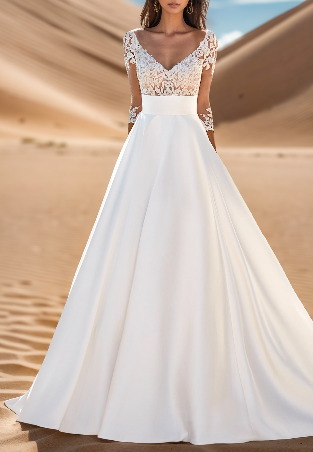 V-Neck Long Sleeves Lace Appliques Pleated A-Line Wedding Dress
