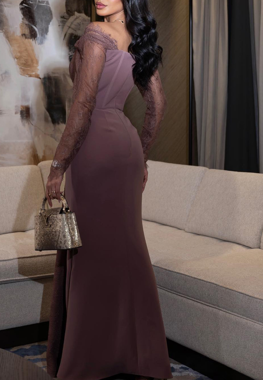 V-Neck Long Sleeves Lace Appliques Pleated Mermaid Evening Dress