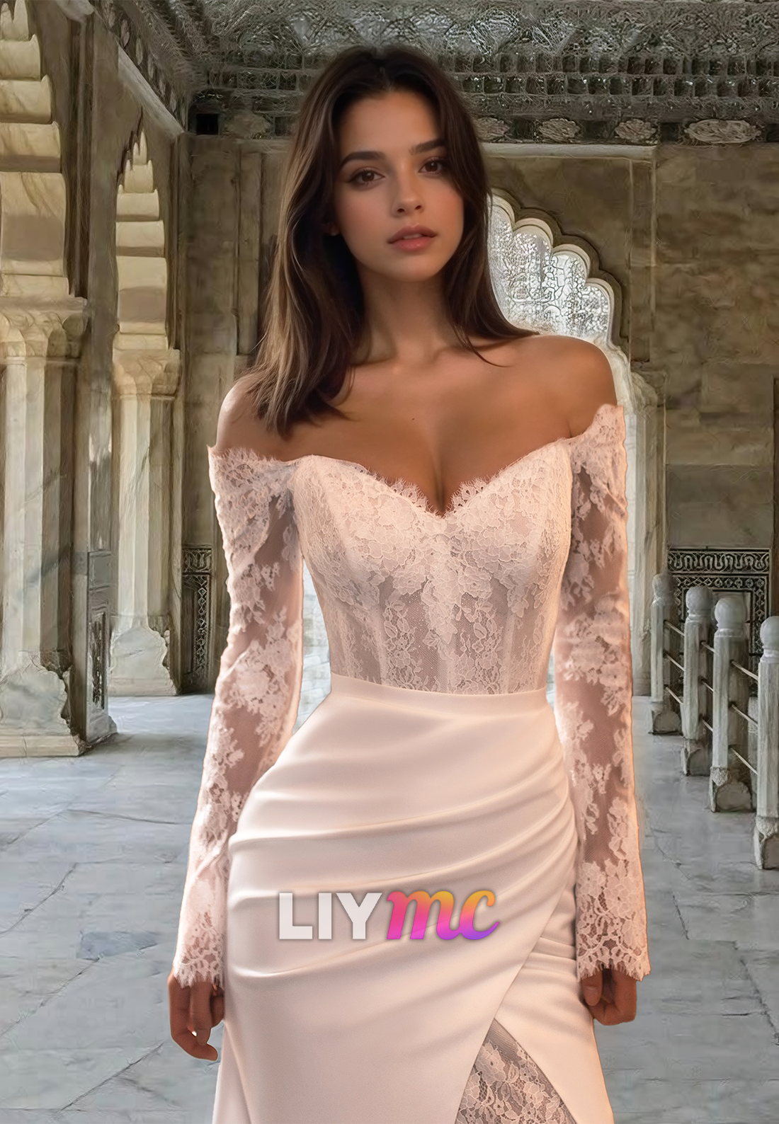 V-Neck Long Sleeves Lace Appliques Removable Pleated Sheath Beach Wedding Dress