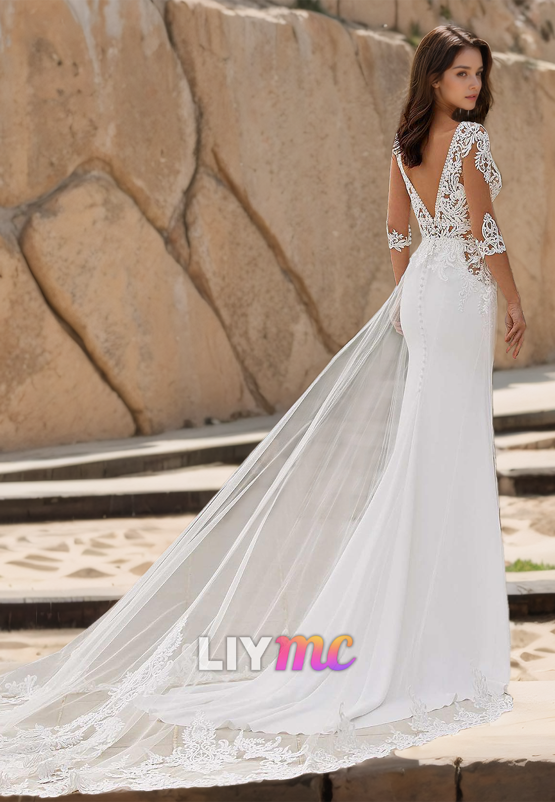 V-Neck Long Sleeves Lace Appliques Sleek Mermaid Wedding Dress