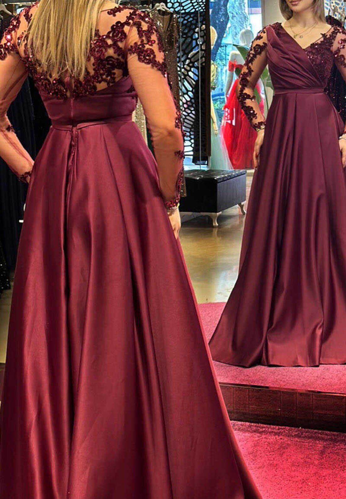 V-Neck Long Sleeves Lace Appliquess Pleated A-Line Mother of Bride Dress