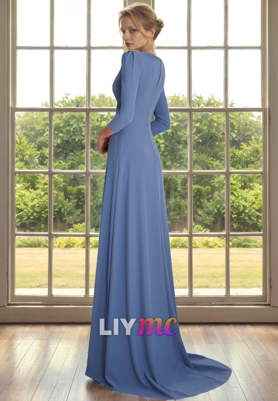 dress-V-Neck Long Sleeves Long A-Line Mother of Bride Dress Cocktail Dress