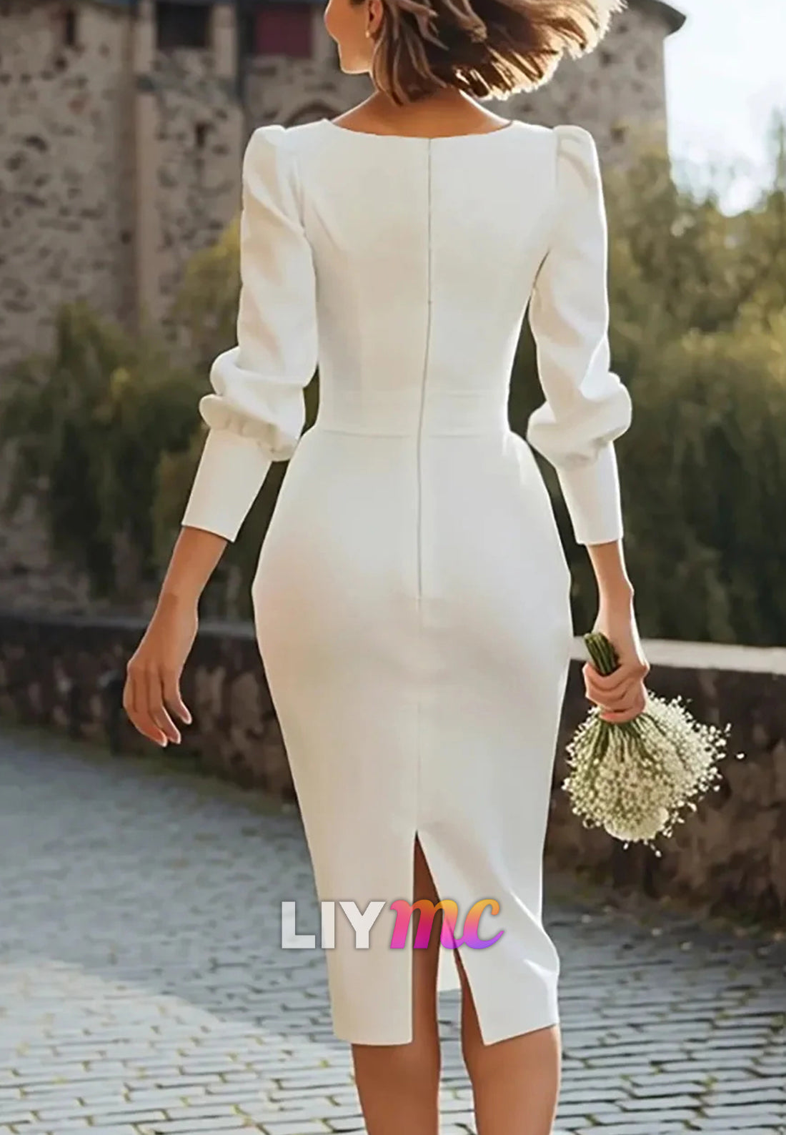 V-Neck Long Sleeves Midi Simple Sheath Wedding Dress