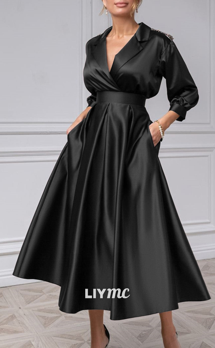 M1280 - V-Neck Long Sleeves Pleated A-Line Mother of Bride Dress Cocktail Dress