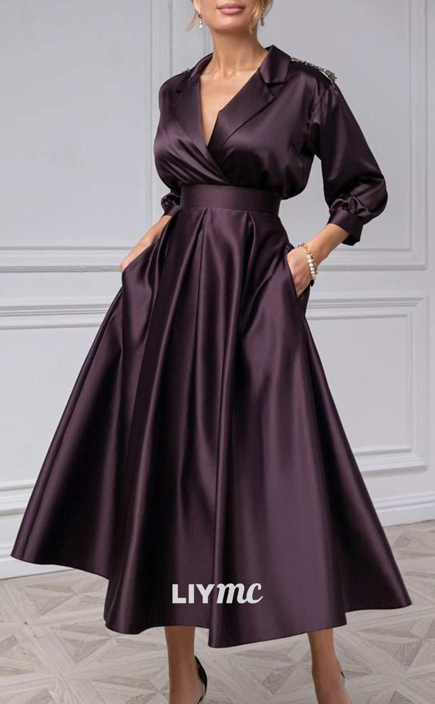 M1280 - V-Neck Long Sleeves Pleated A-Line Mother of Bride Dress Cocktail Dress