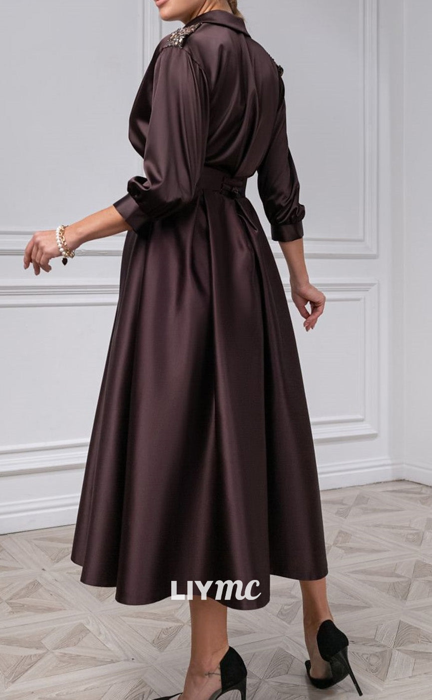 M1280 - V-Neck Long Sleeves Pleated A-Line Mother of Bride Dress Cocktail Dress