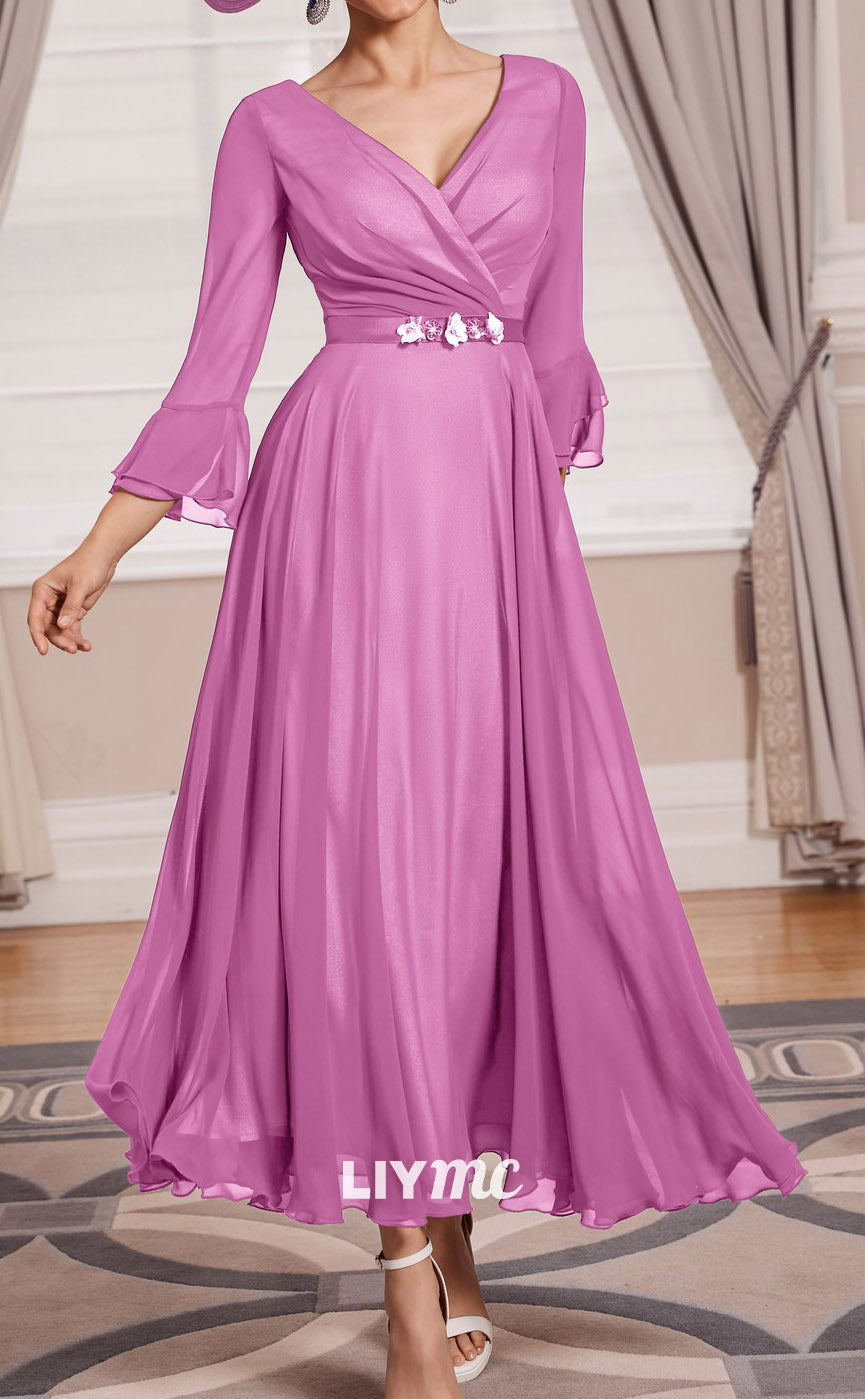 M1155 - V-Neck Long Sleeves Pleated A-Line Mother of Bride Wedding Guest Dress