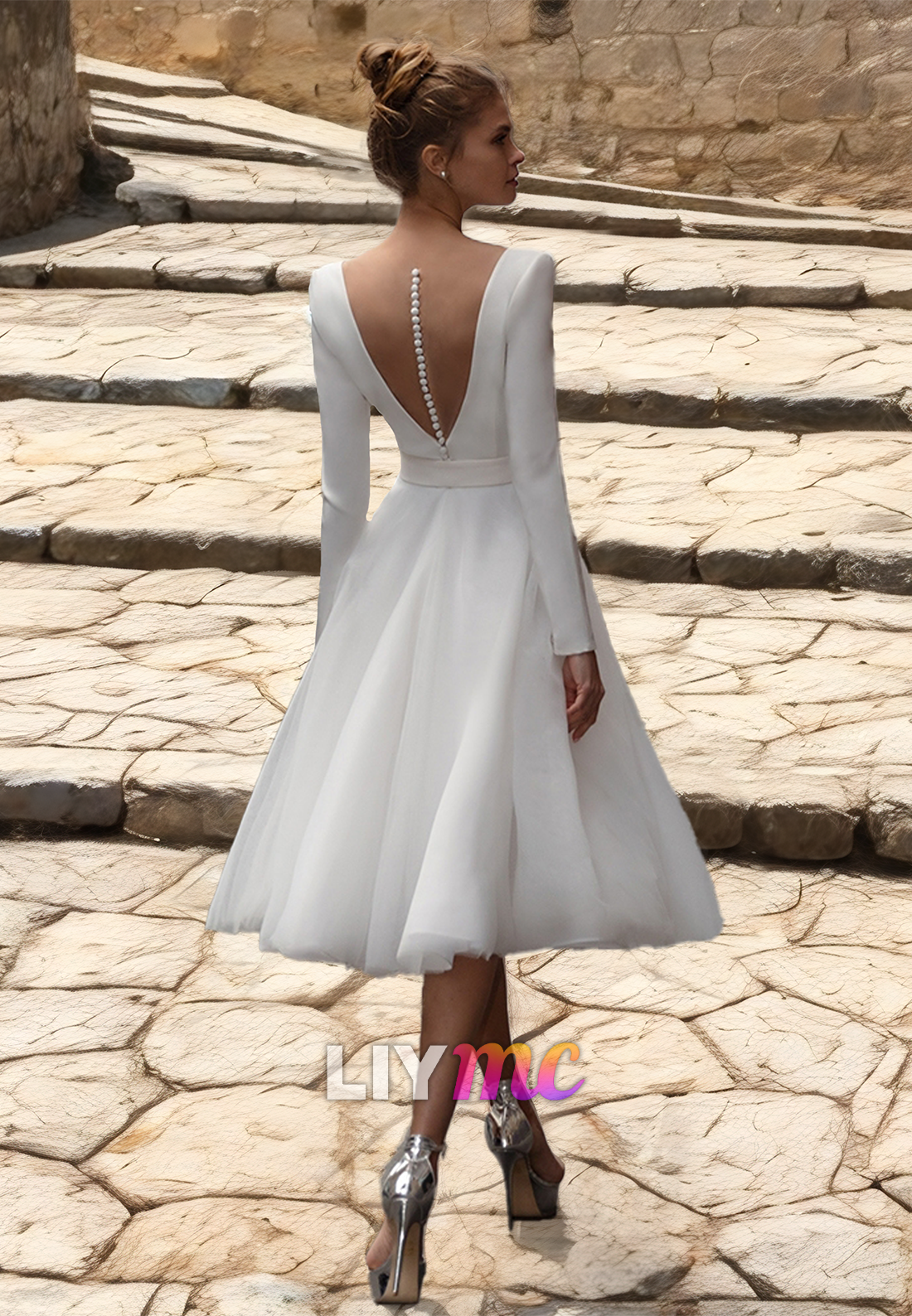 V-Neck Long Sleeves Pleated A-Line Simple Wedding Dress