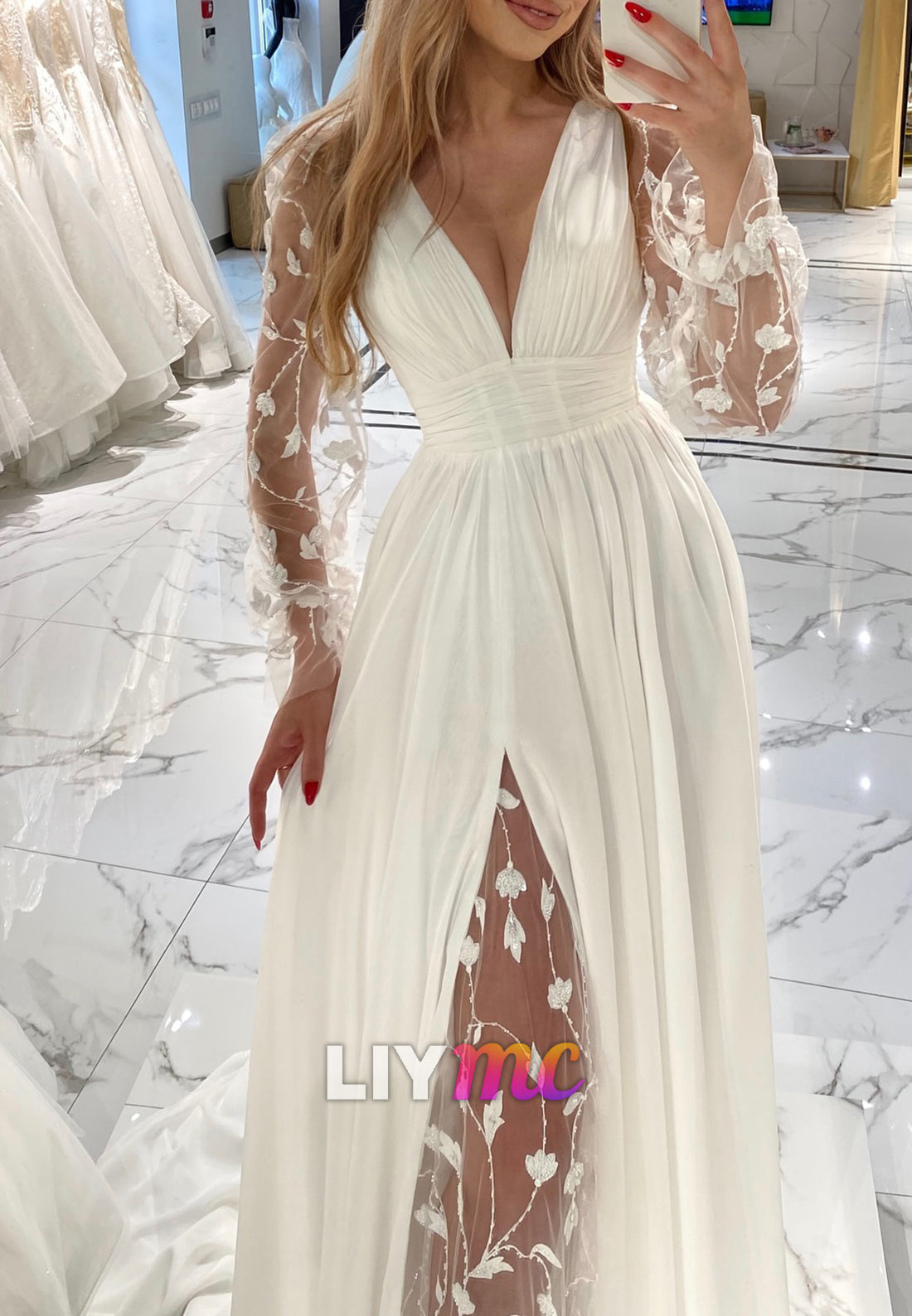 V-Neck Long Sleeves Pleated Appliques A-Line Wedding Dress