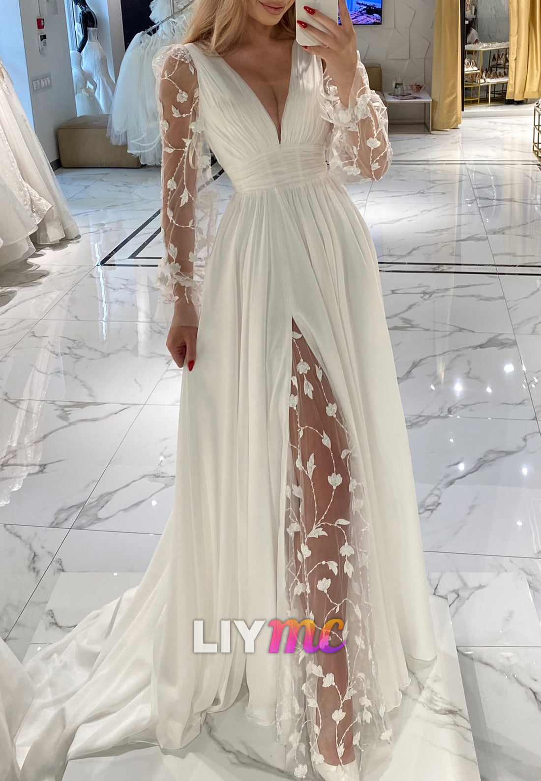 V-Neck Long Sleeves Pleated Appliques A-Line Wedding Dress