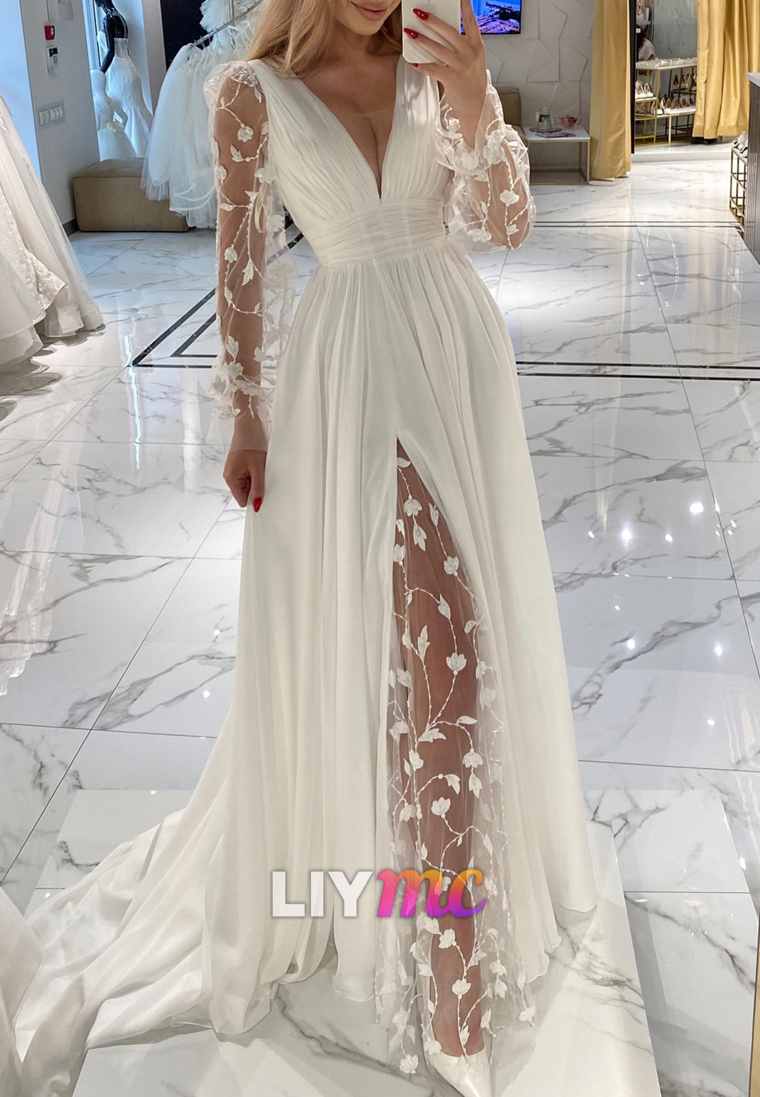 V-Neck Long Sleeves Pleated Appliques A-Line Wedding Dress