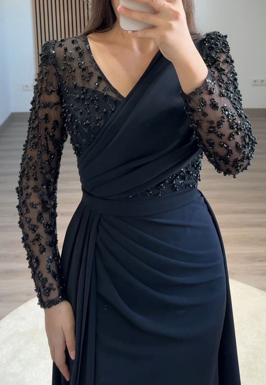 V-Neck Long Sleeves Pleated Beaded Emboridery Sheath Formal Dress