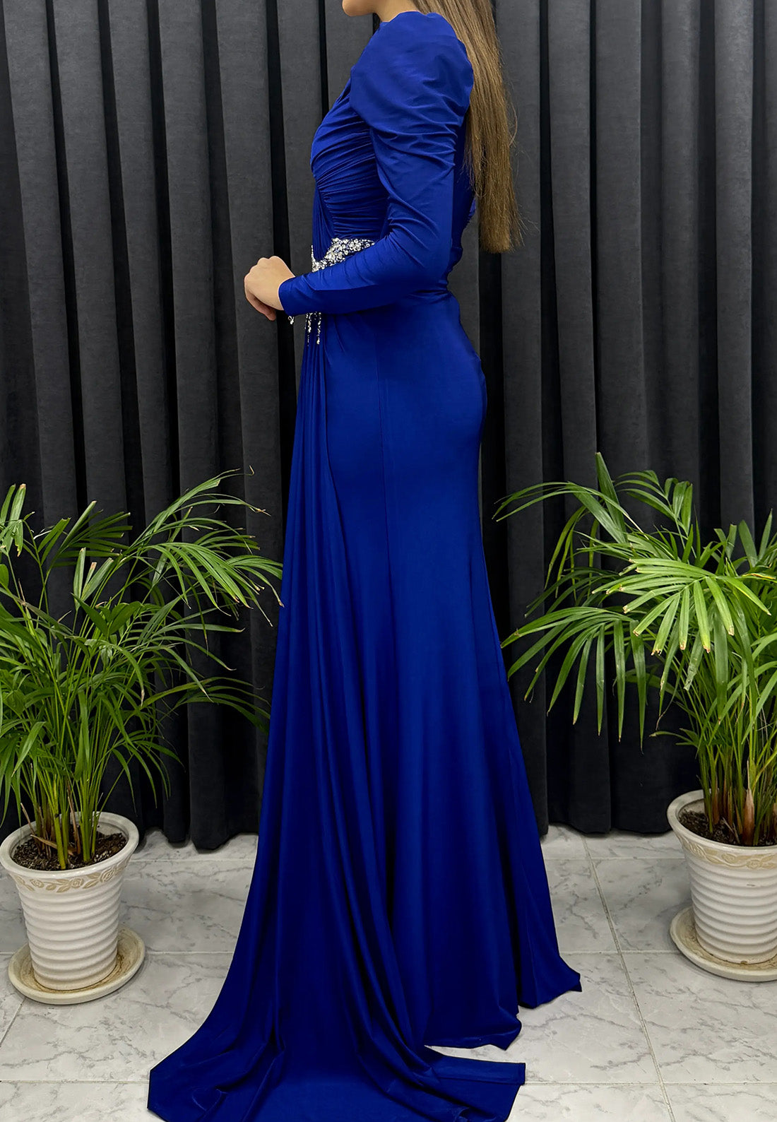 V-Neck Long Sleeves Pleated Beaded Sheath Mother of Bride Dress