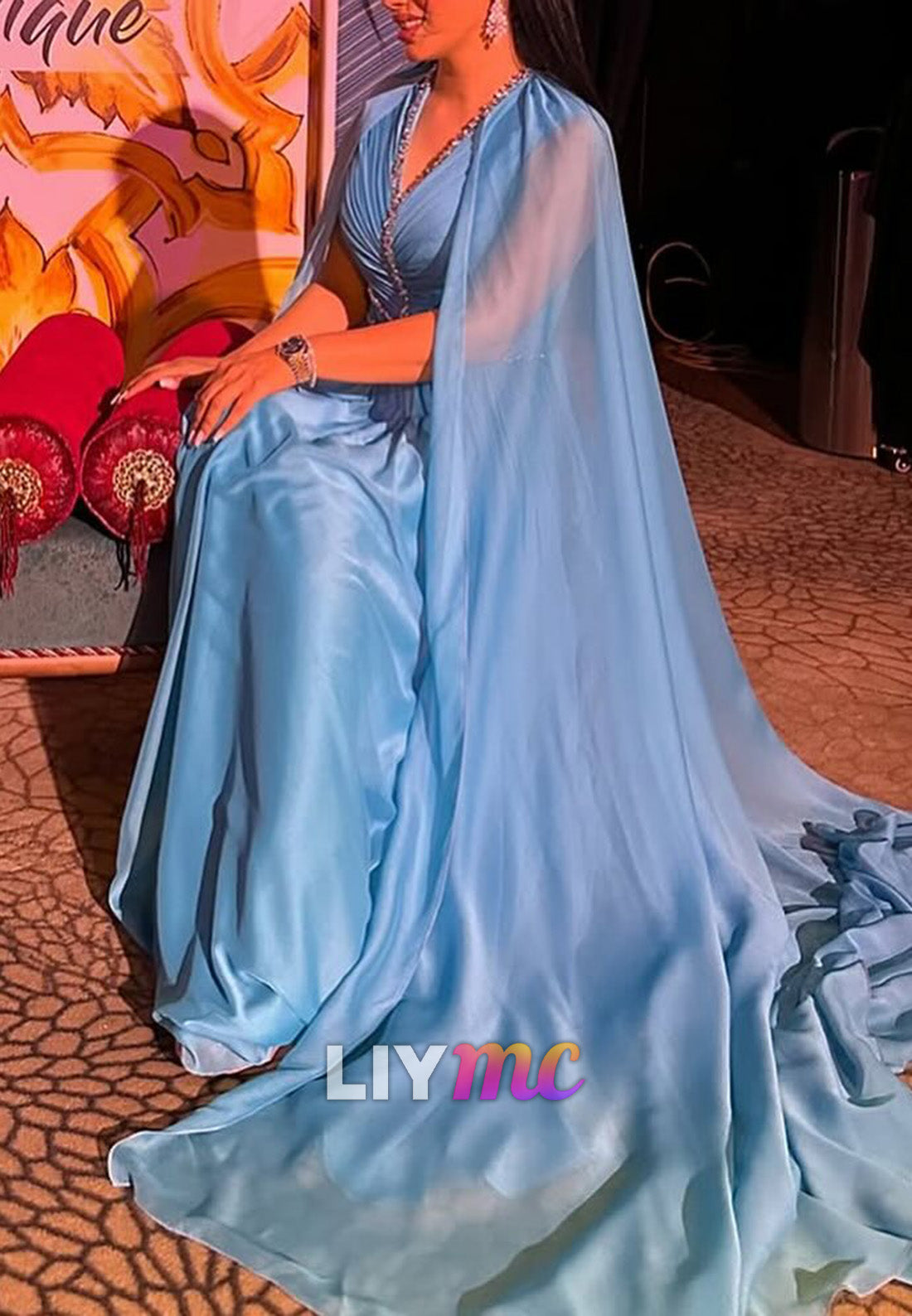 V-Neck Long Sleeves Pleated Beading A-Line Wedding Guest Dress