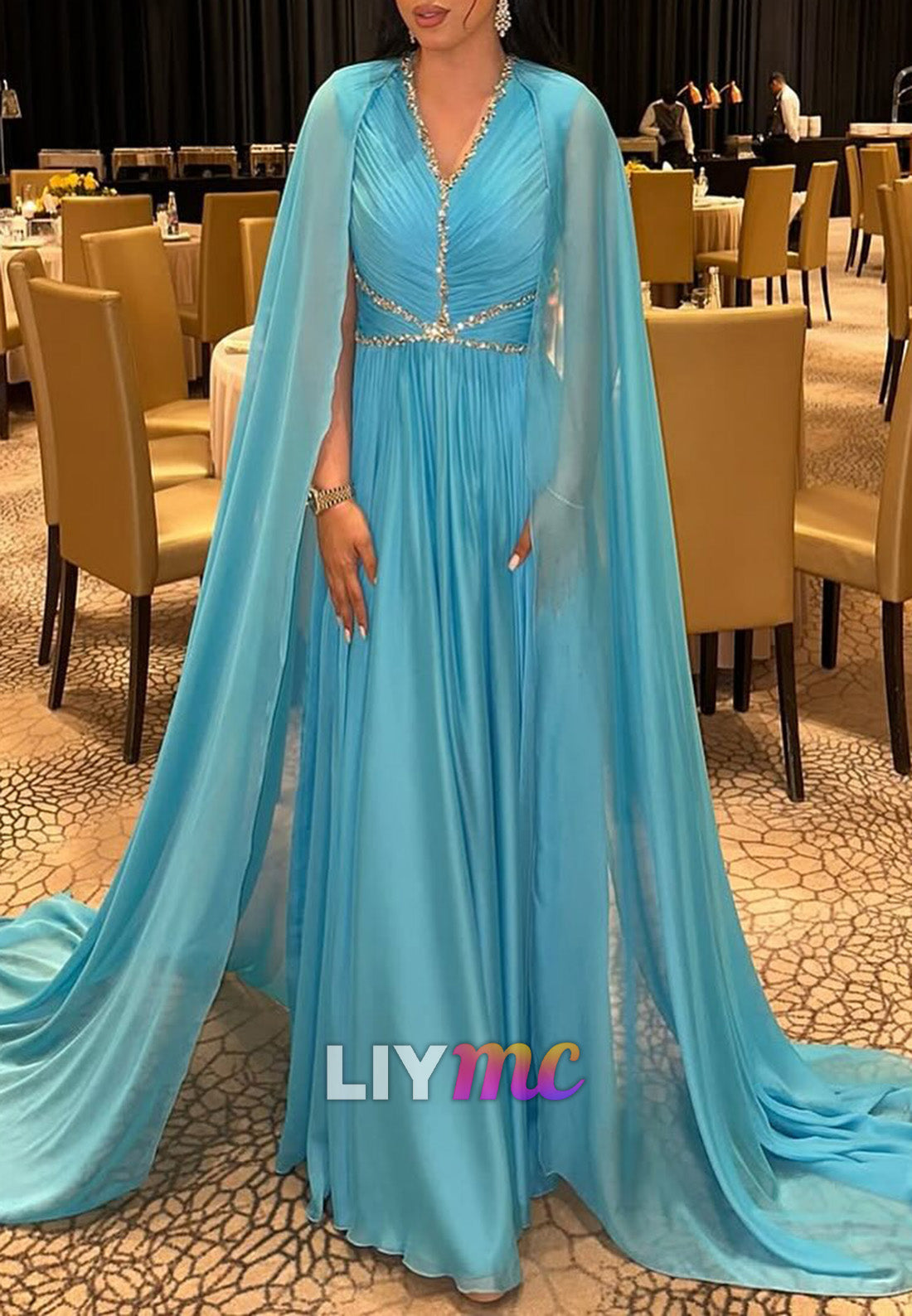 V-Neck Long Sleeves Pleated Beading A-Line Wedding Guest Dress