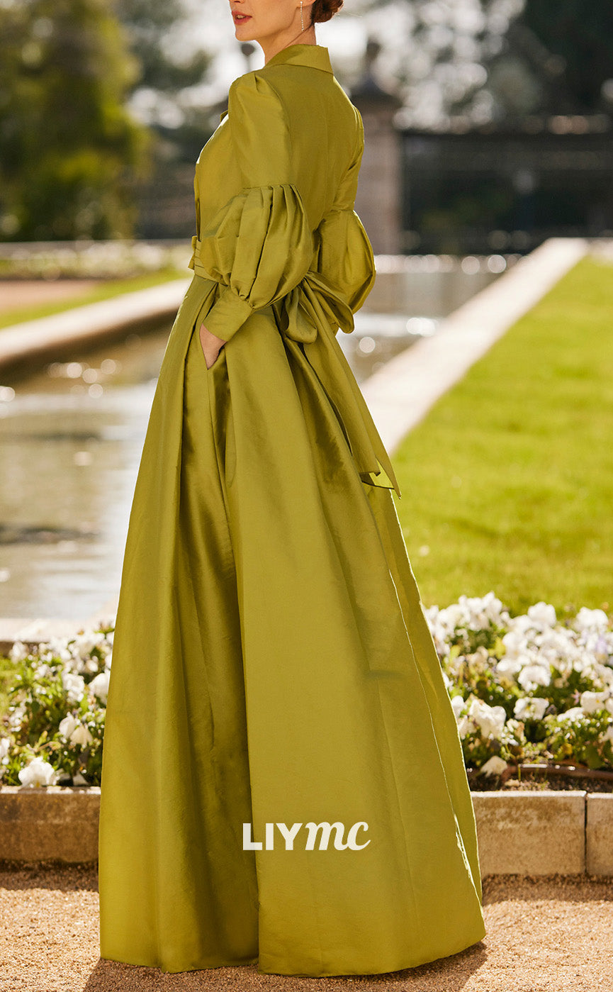 M1205 - V-Neck Long Sleeves Pleated High Slit Mother of Bride Dress Cocktail Dress