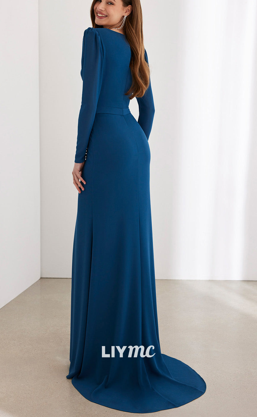 M1263 - V-Neck Long Sleeves Pleated Mermaid High Slit Mother of Bride Dress Cocktail Dress