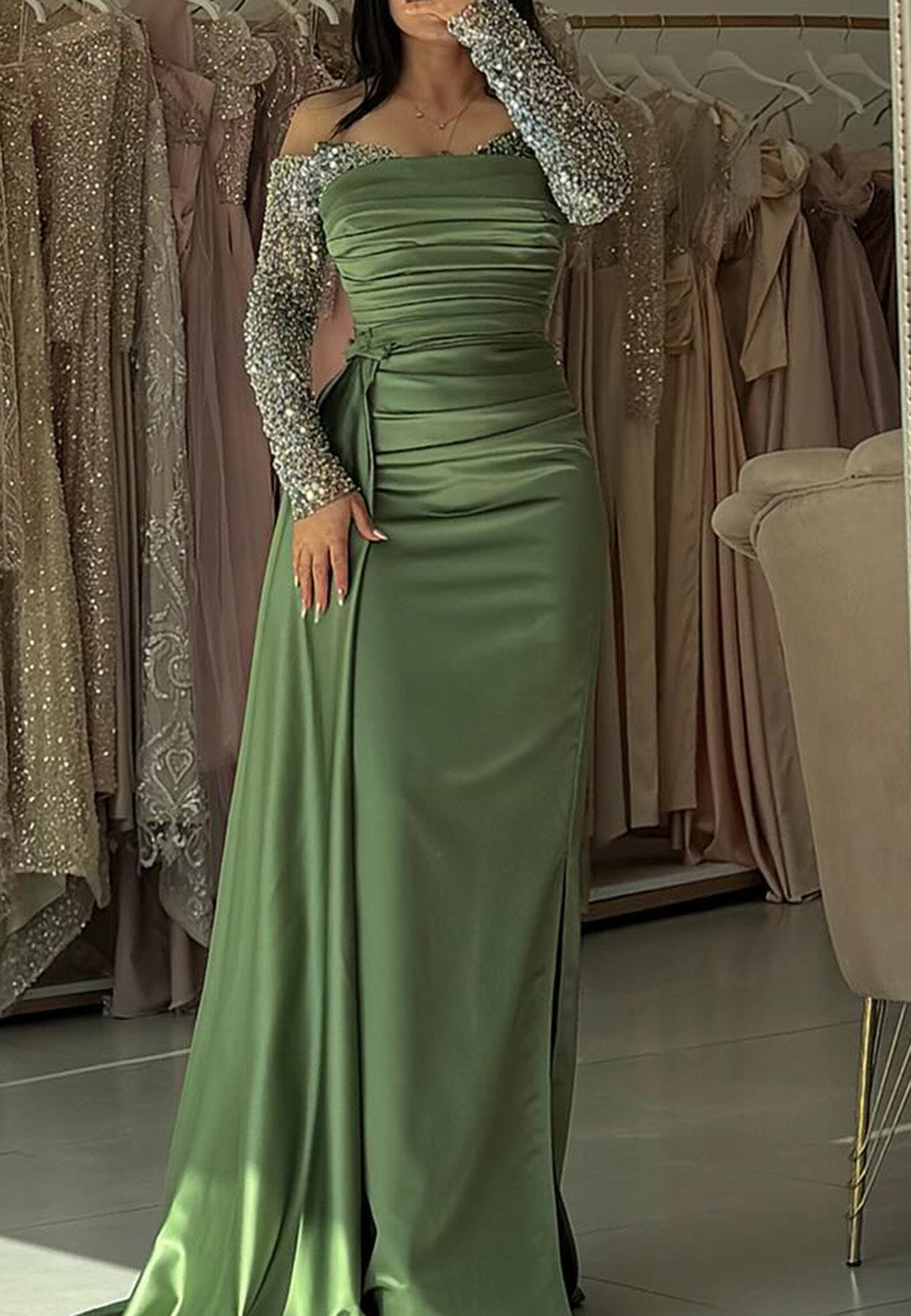 Off-Shoulder Long Sleeves Pleated Sheath Evening Dress