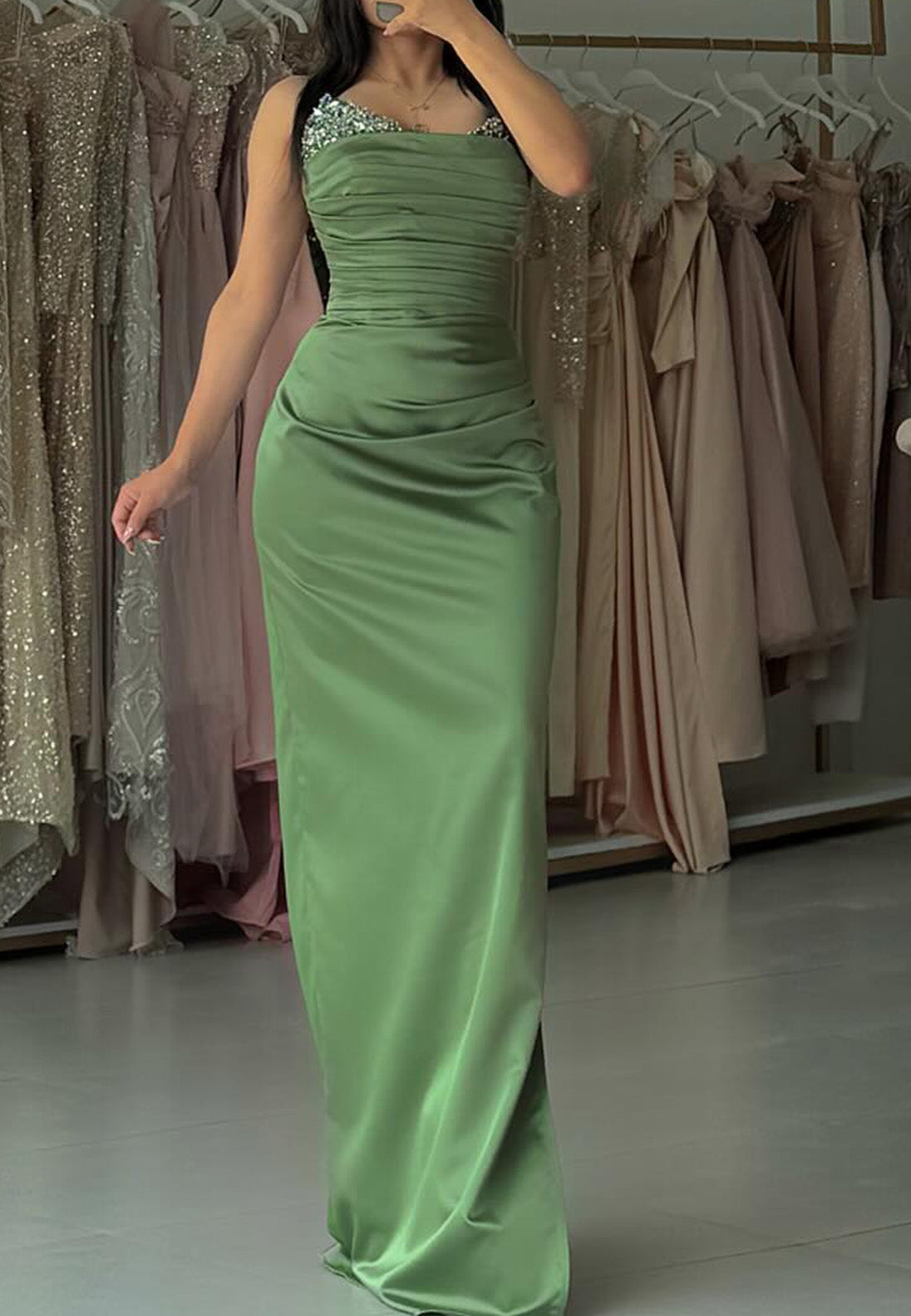Off-Shoulder Long Sleeves Pleated Sheath Evening Dress