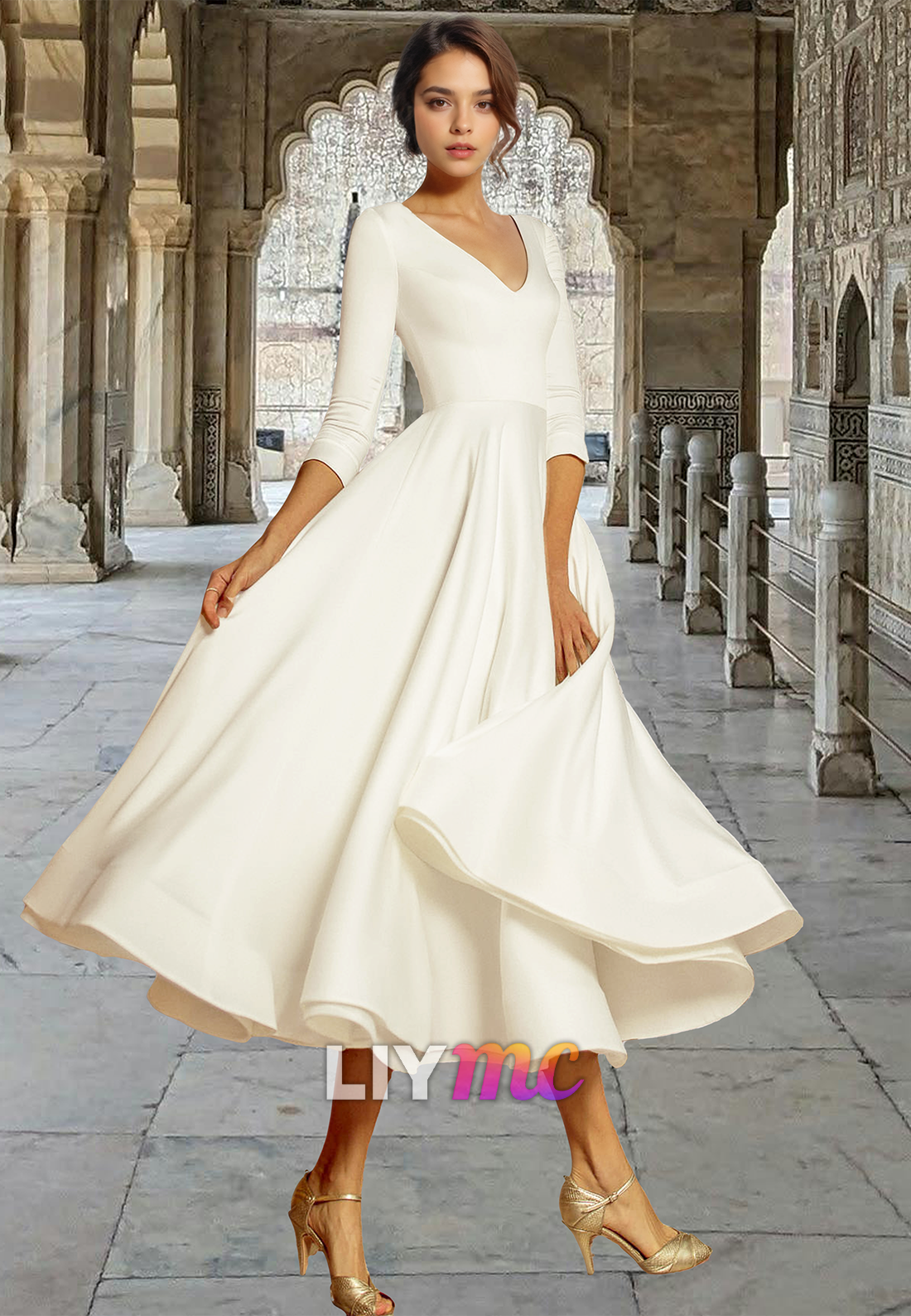 V-Neck Long Sleeves Pleated Sleek A-Line Beach Wedding Dress