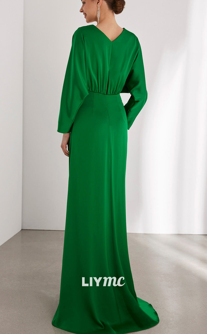M1217 - V-Neck Long Sleeves Pleated Sleek Satin High Slit Cocktail Dress Mother of Bride Dress