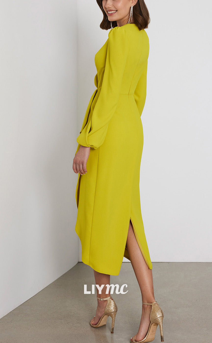 M1228 - V-Neck Long Sleeves Ruched Chiffon Mother of Bride Dress Cocktail Dress