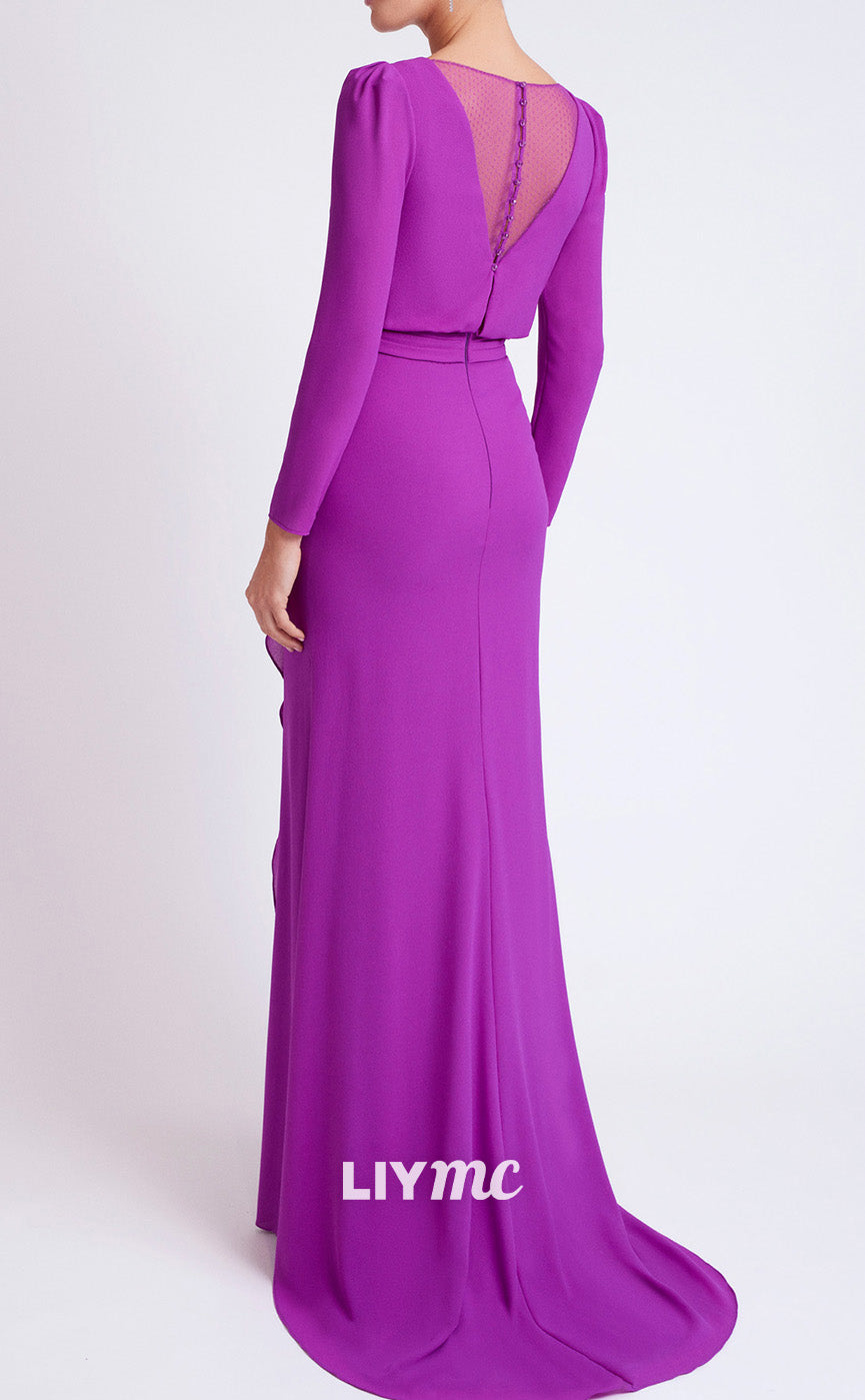 M1253 - V-Neck Long Sleeves Ruched Chiffon Mother of Bride Dress Cocktail Dress