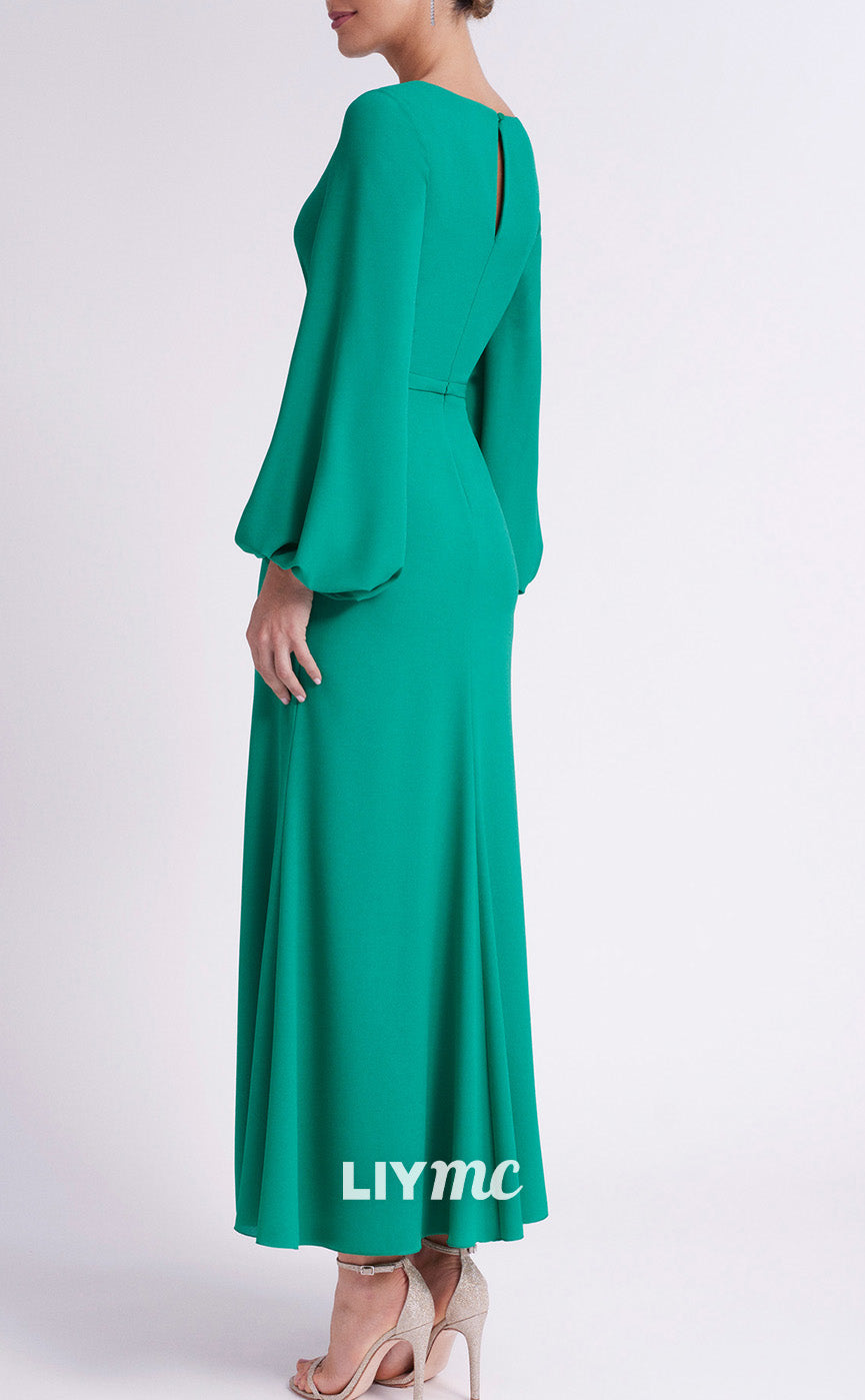 M1252 - V-Neck Long Sleeves Ruched High Slit Mother of Bride Dress Cocktail Dress