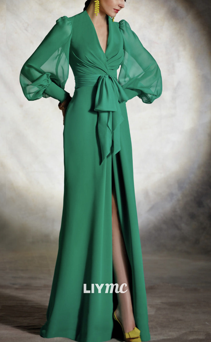 V-Neck Long Sleeves Ruched High Slit Satin Mother of Bride Dress Cockt Liymc V-Neck Long Sleeves Ruched High Slit Satin Mother of Bride Dress Cockt Liymc