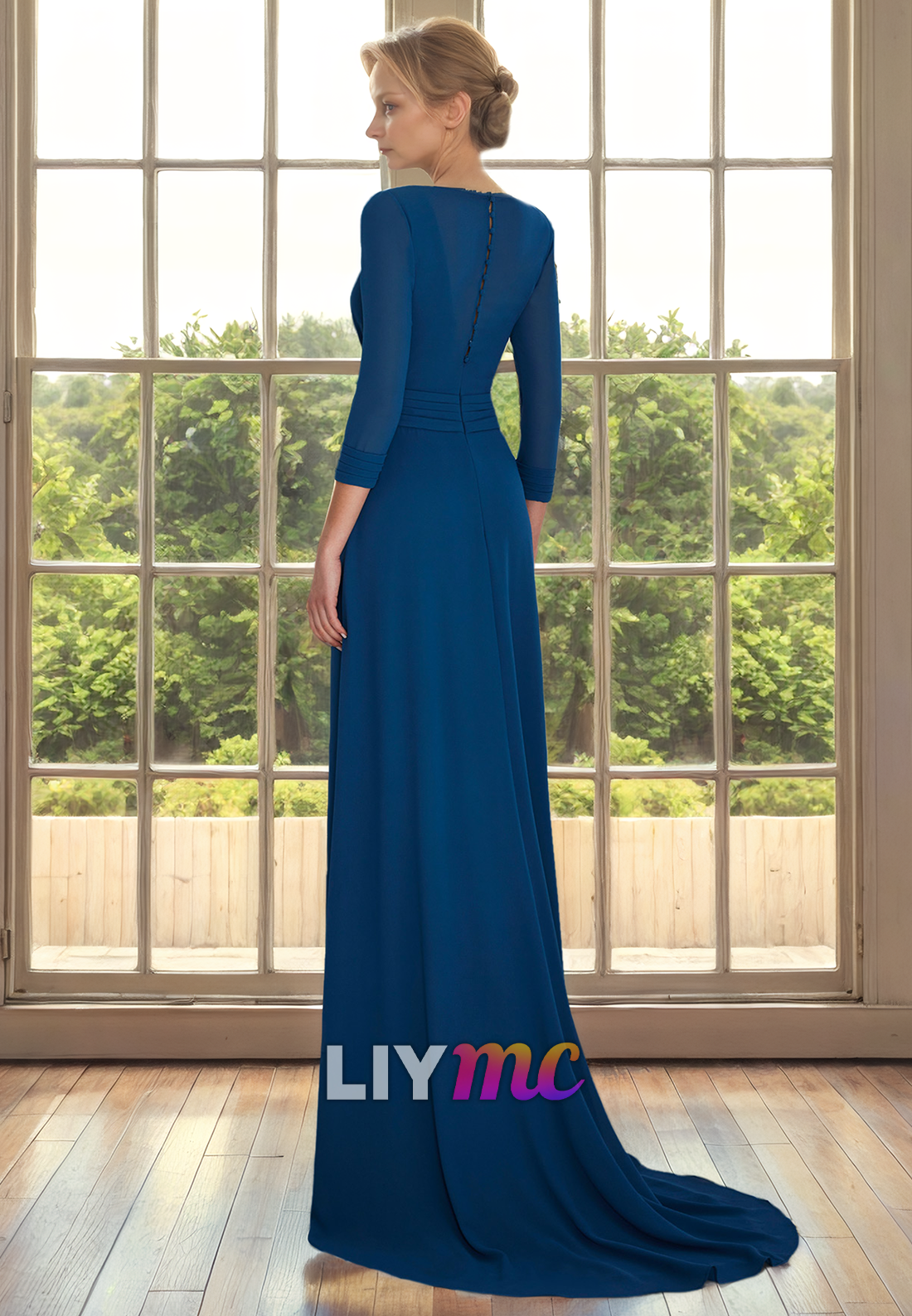 V-Neck Long Sleeves Ruched Long Mother of Bride Dress Cocktail Dress