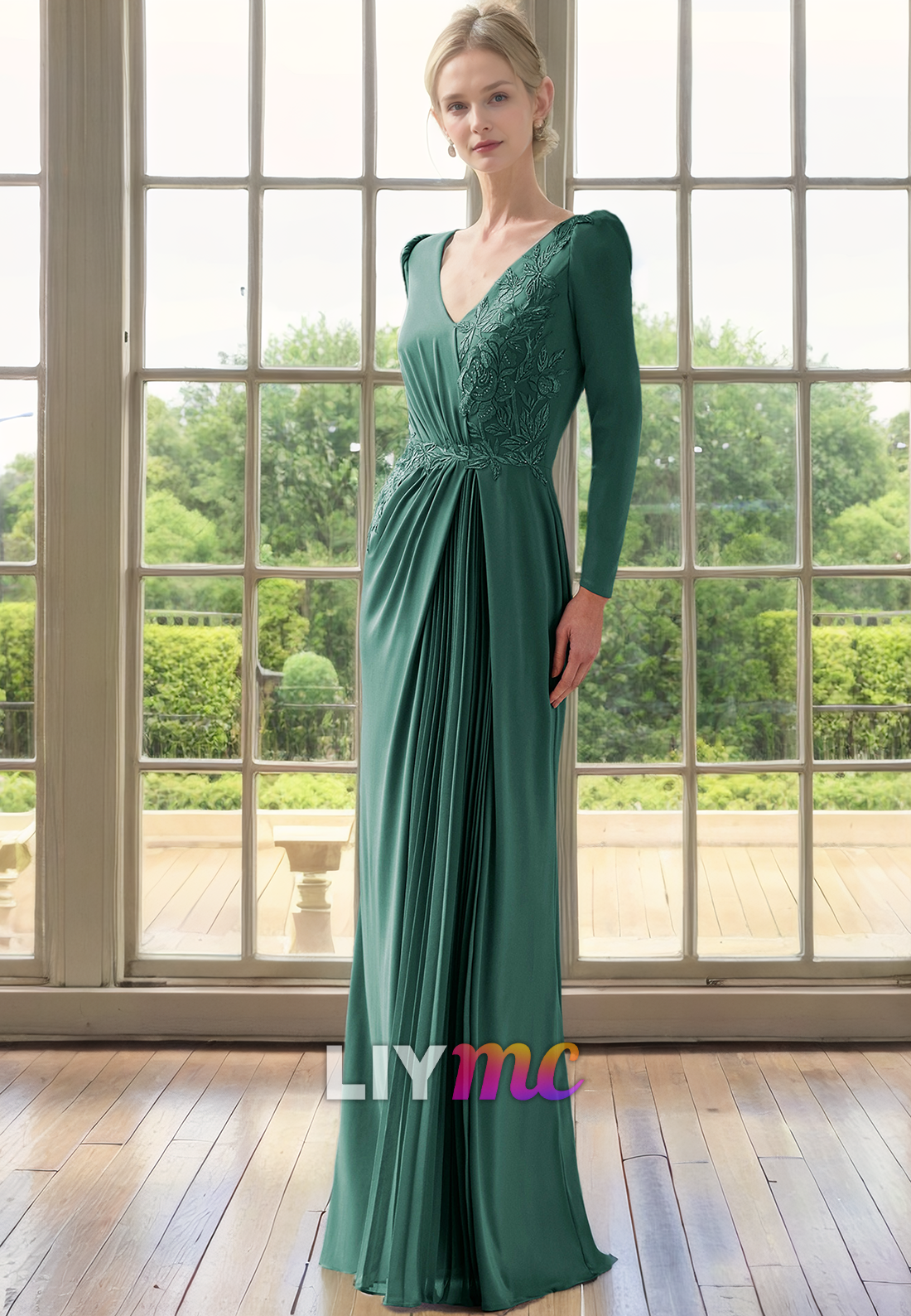 V-Neck Long Sleeves Ruched Sheath Sleek Satin Mother of Bride Dress Cocktail Dress