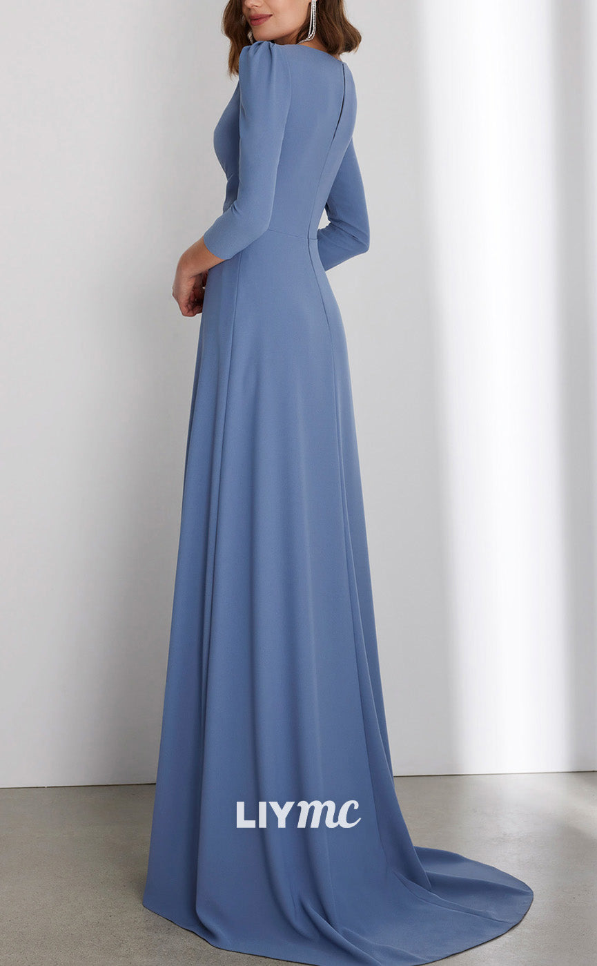 M1235 - V-Neck Long Sleeves Ruched Sleek Chiffon A-Line Mother of Bride Dress Cocktail Dress