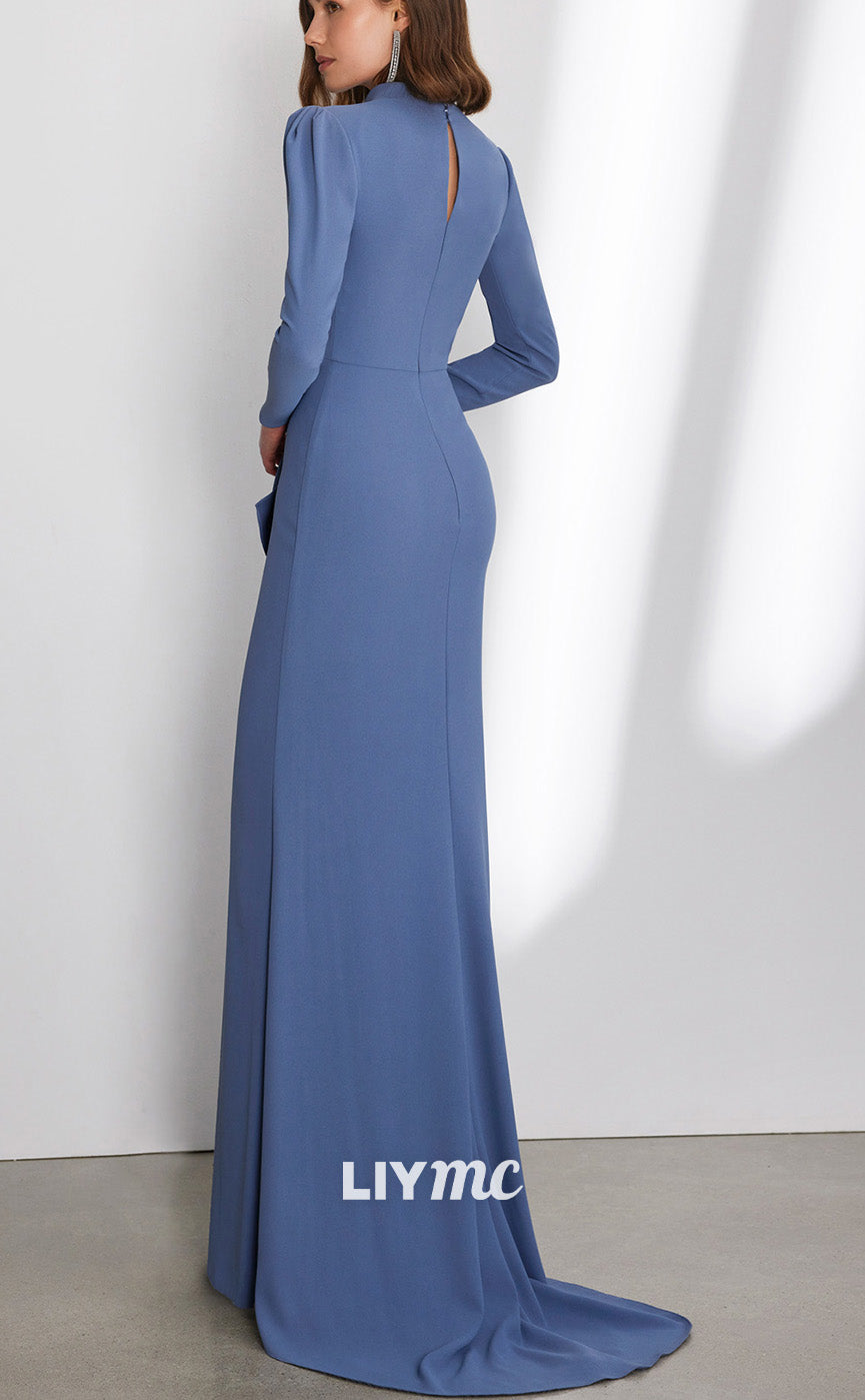 M1269 - V-Neck Long Sleeves Ruched Sleek Chiffon Mother of Bride Dress Cocktail Dress