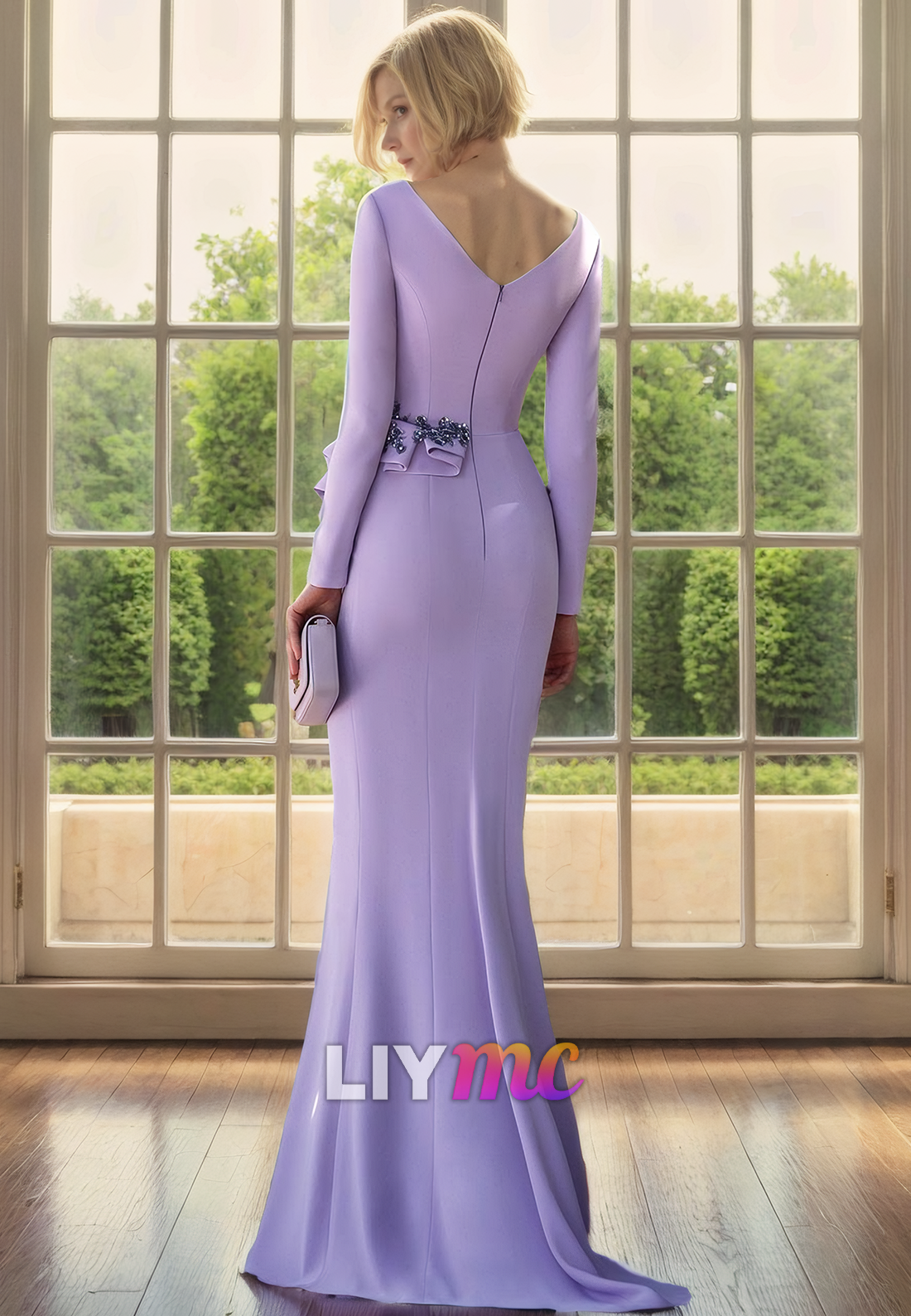 V-Neck Long Sleeves Ruched Sleek Satin Mermiad Mother of Bride Dress Cocktail Dress