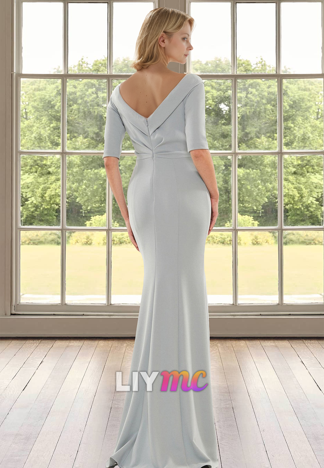 V-Neck Long Sleeves Ruffled Mermaid Mother of Bride Dress