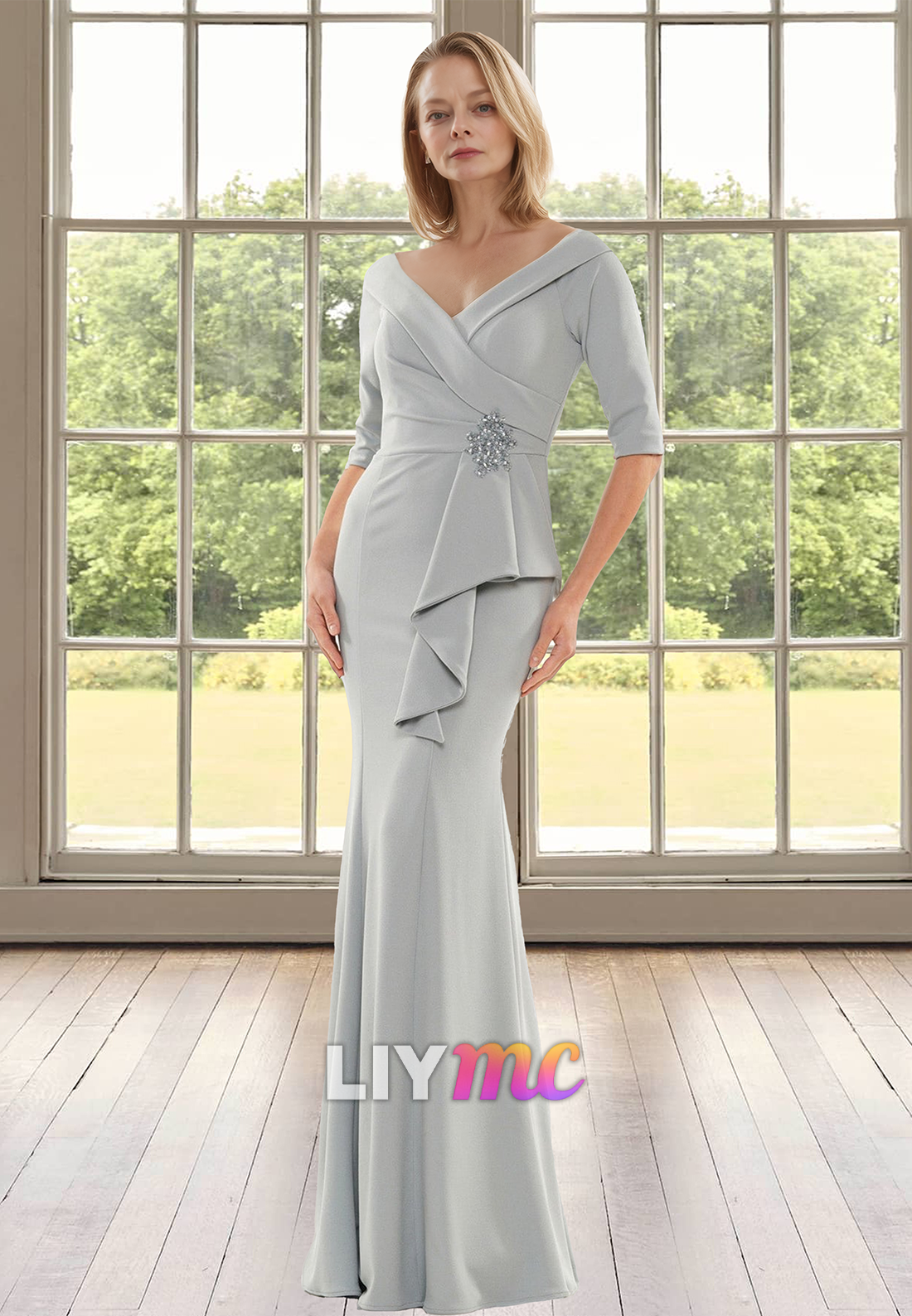 V-Neck Long Sleeves Ruffled Mermaid Mother of Bride Dress