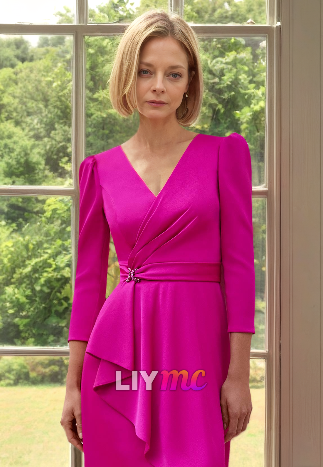 V-Neck Long Sleeves Ruffled Sheath Mother of Bride Dress