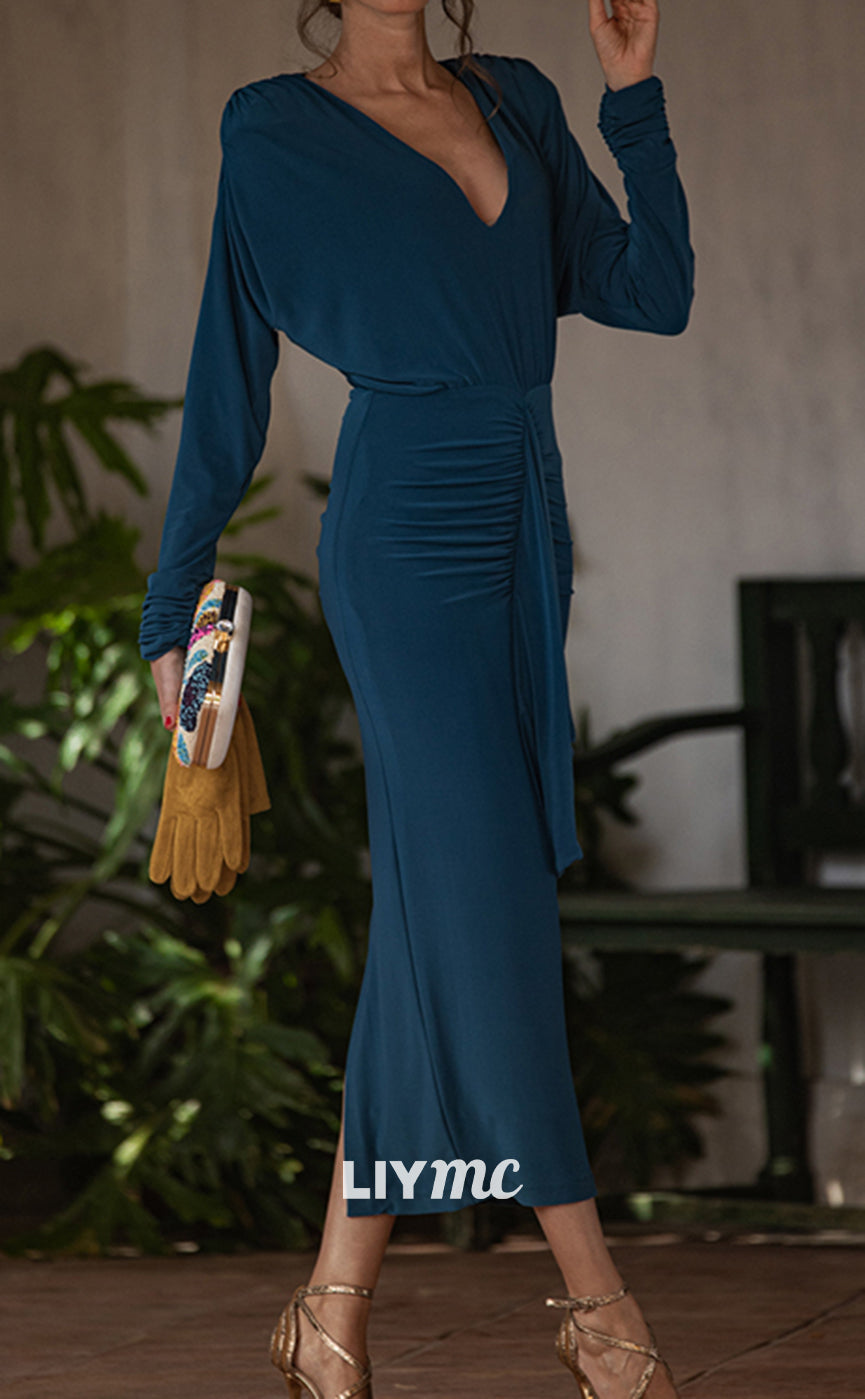 M1133 - V-Neck Long Sleeves Ruffled Sleek Mother of Bride Wedding Guest Dress