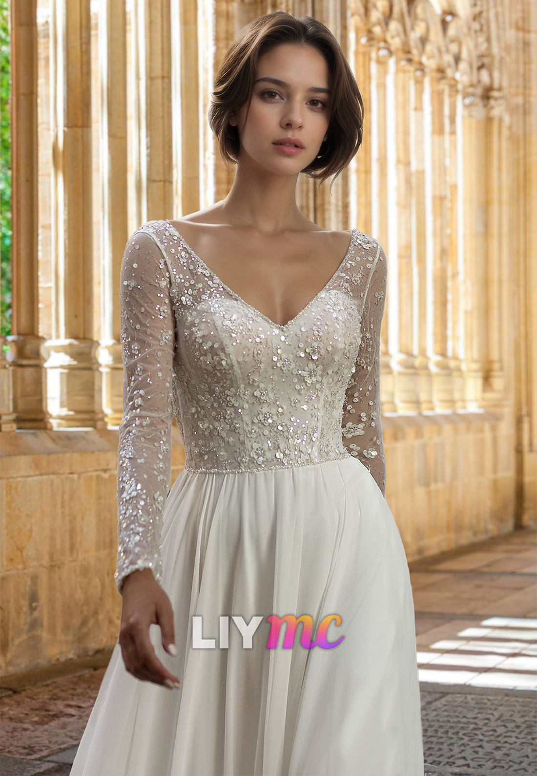 V-Neck Long Sleeves Sequins A-Line Wedding Dress