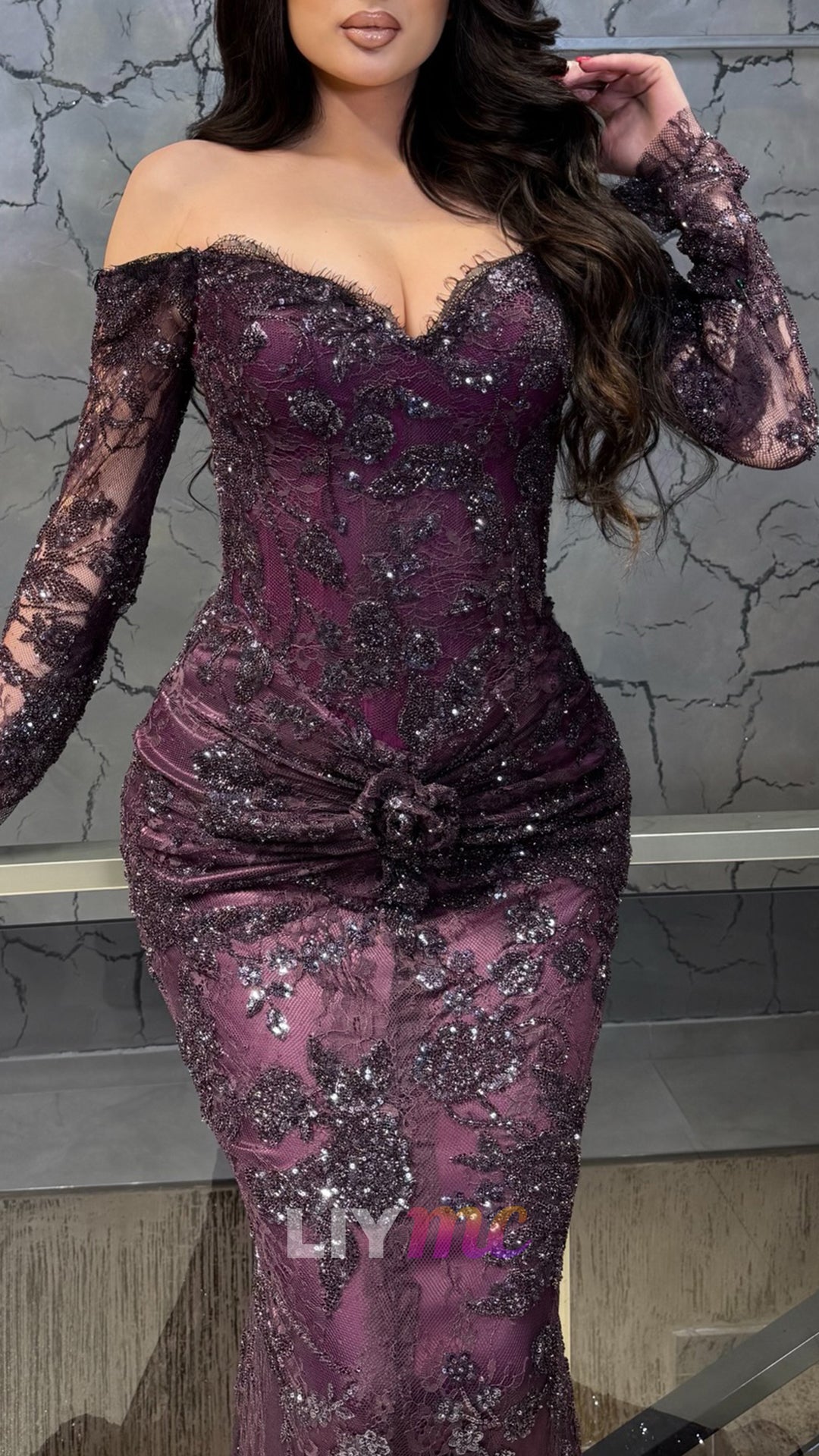 V-Neck Long Sleeves Sequins Appliques Mermaid Prom Dresss