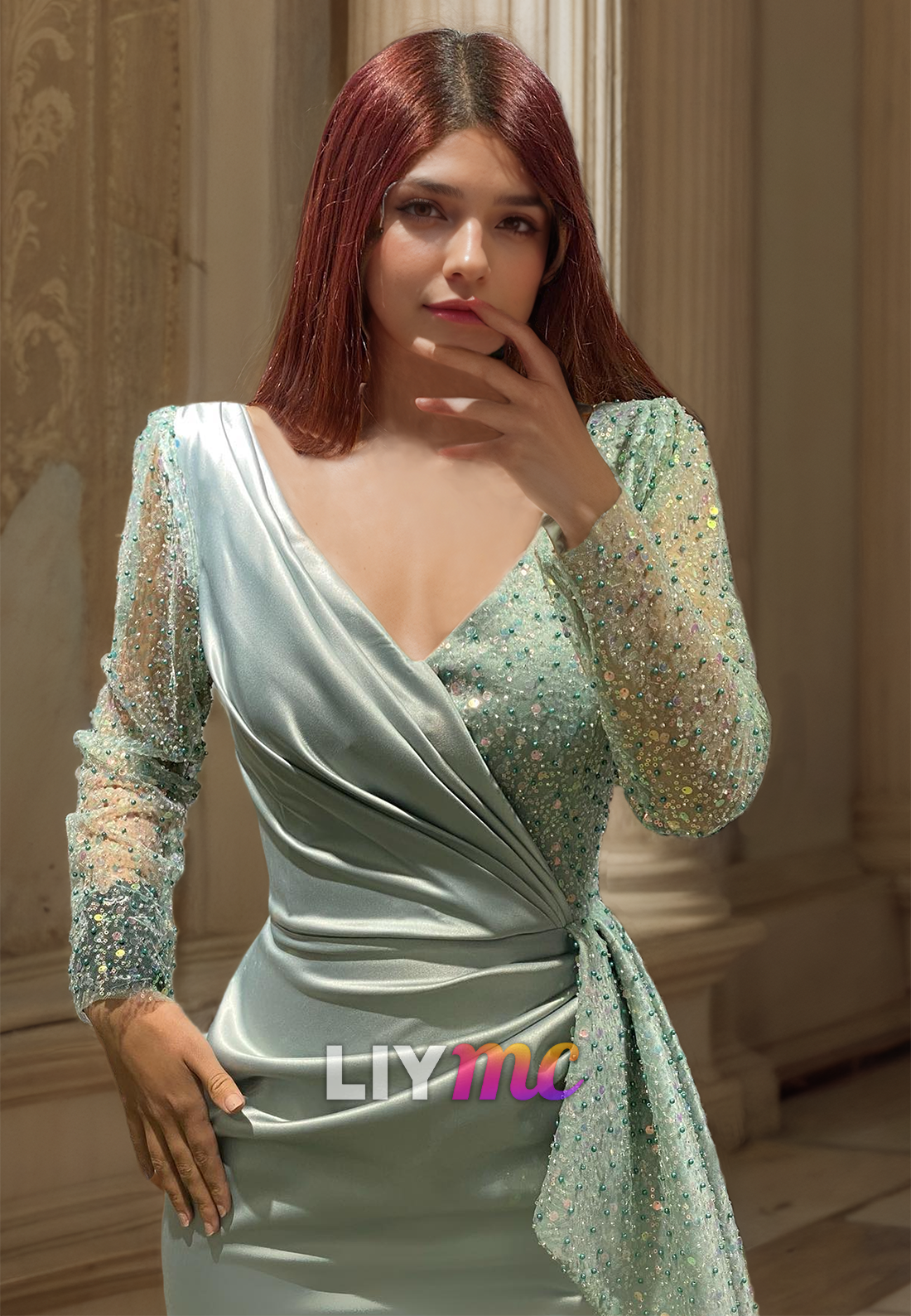 V-Neck Long Sleeves Sequins Ruched Ruffled Mermaid Formal Dress