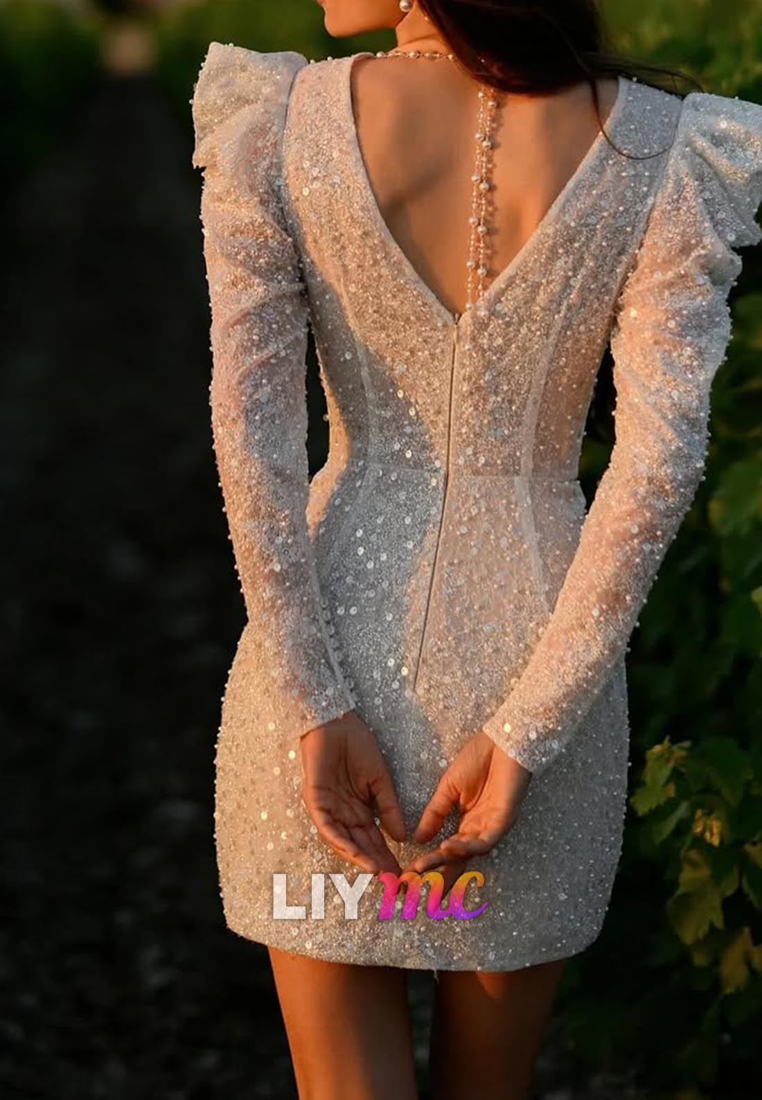 V-Neck Long Sleeves Sequins Ruched Sheath Short Wedding Dress