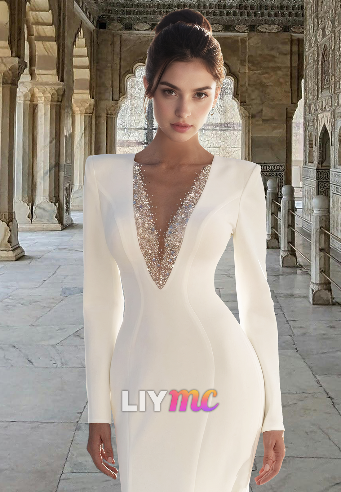 LW018 - Illusion V neck Beads Long Sleeves Mermaid Wedding Dress
