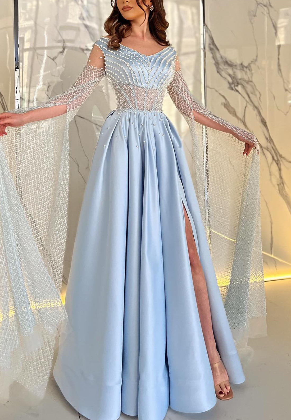 V-Neck Long Sleeves Sheer Pleated Beading A-Line Prom Dress